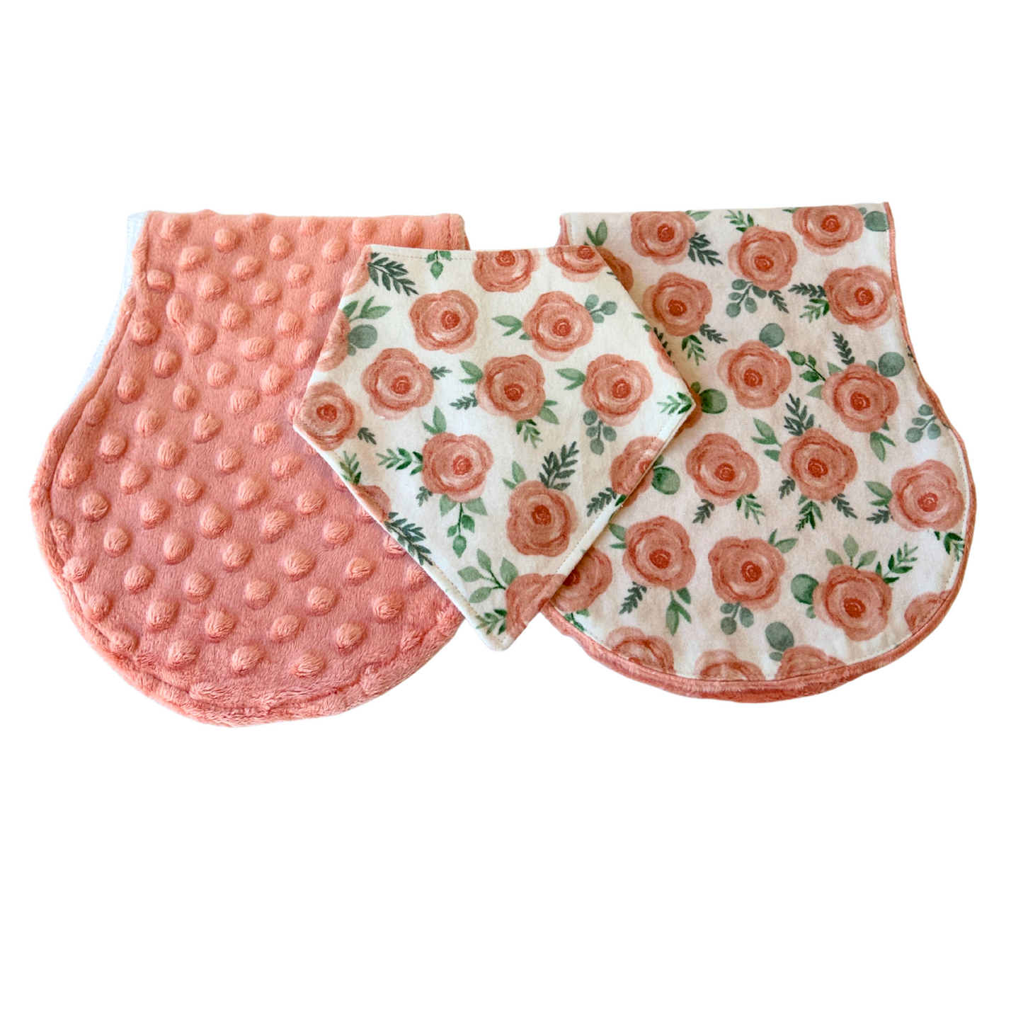Peach Floral Bib & Burp Cloth Set – Handmade 3-Piece Baby Gift with Cotton Flannel, Minky & Terry Cloth, Soft & Absorbent