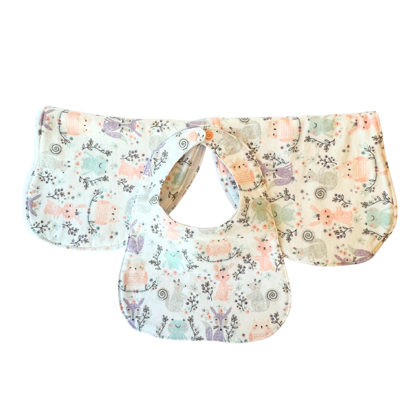 Pastel Forest Animals Bib & Burp Cloth Set – Handmade 3-Piece Baby Gift, Cotton Flannel & Microfiber, Soft & Absorbent