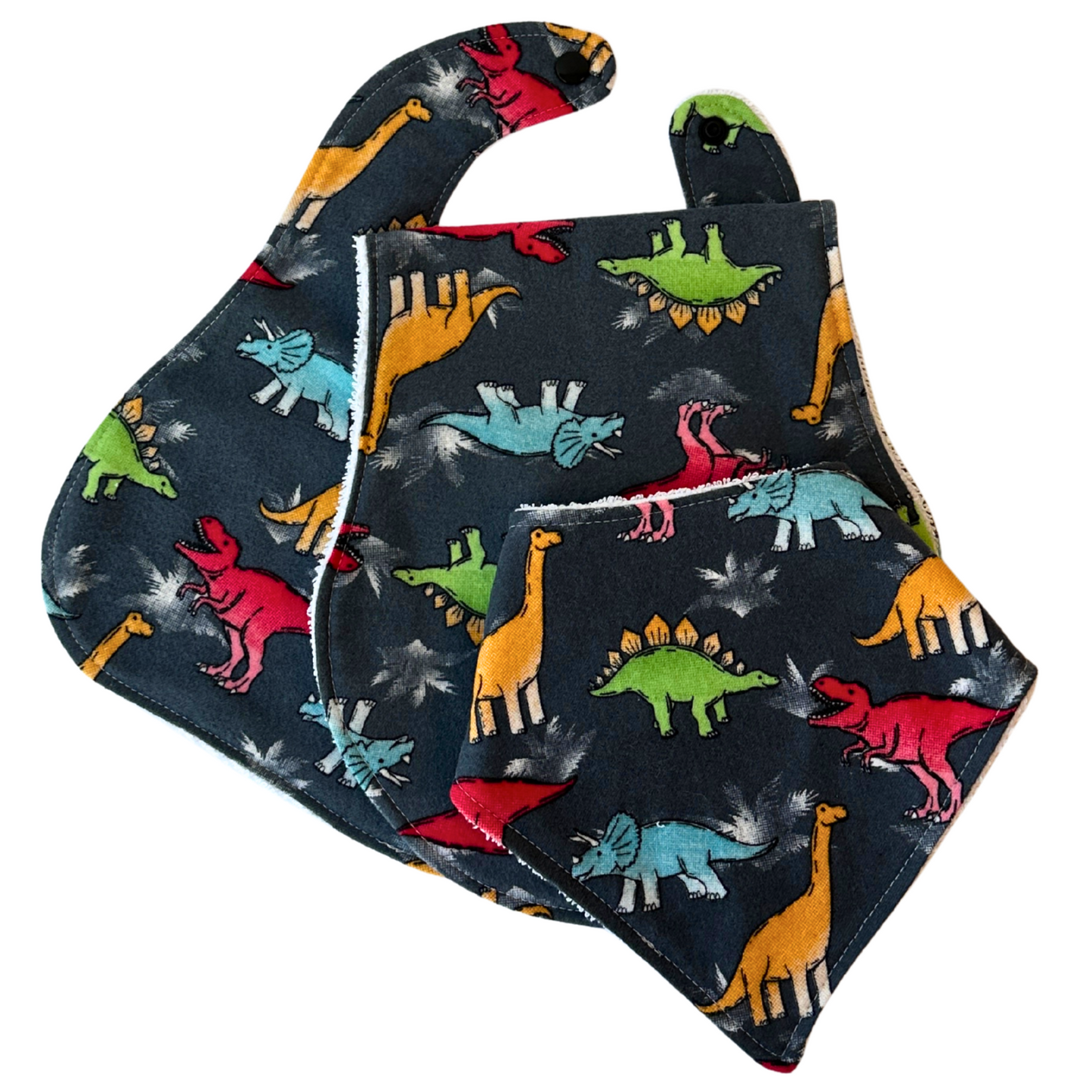 Playful Dinosaur Bib & Burp Cloth Set – Handmade 3-Piece Cotton Flannel Baby Gift, 2 Bibs + 1 Burp Cloth with Colorful Dino Print