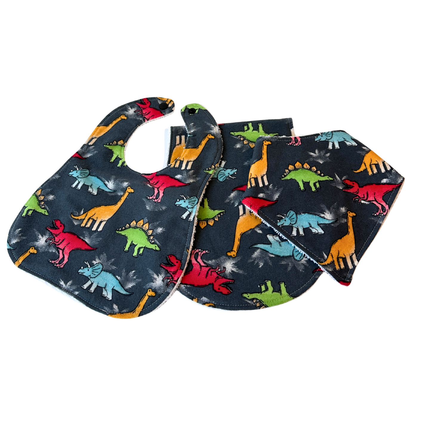 Playful Dinosaur Bib & Burp Cloth Set – Handmade 3-Piece Cotton Flannel Baby Gift, 2 Bibs + 1 Burp Cloth with Colorful Dino Print