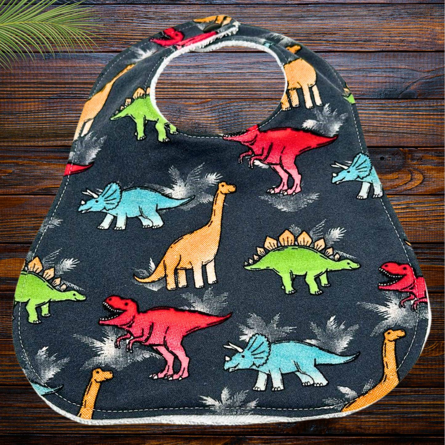 Playful Dinosaur Bib & Burp Cloth Set – Handmade 3-Piece Cotton Flannel Baby Gift, 2 Bibs + 1 Burp Cloth with Colorful Dino Print