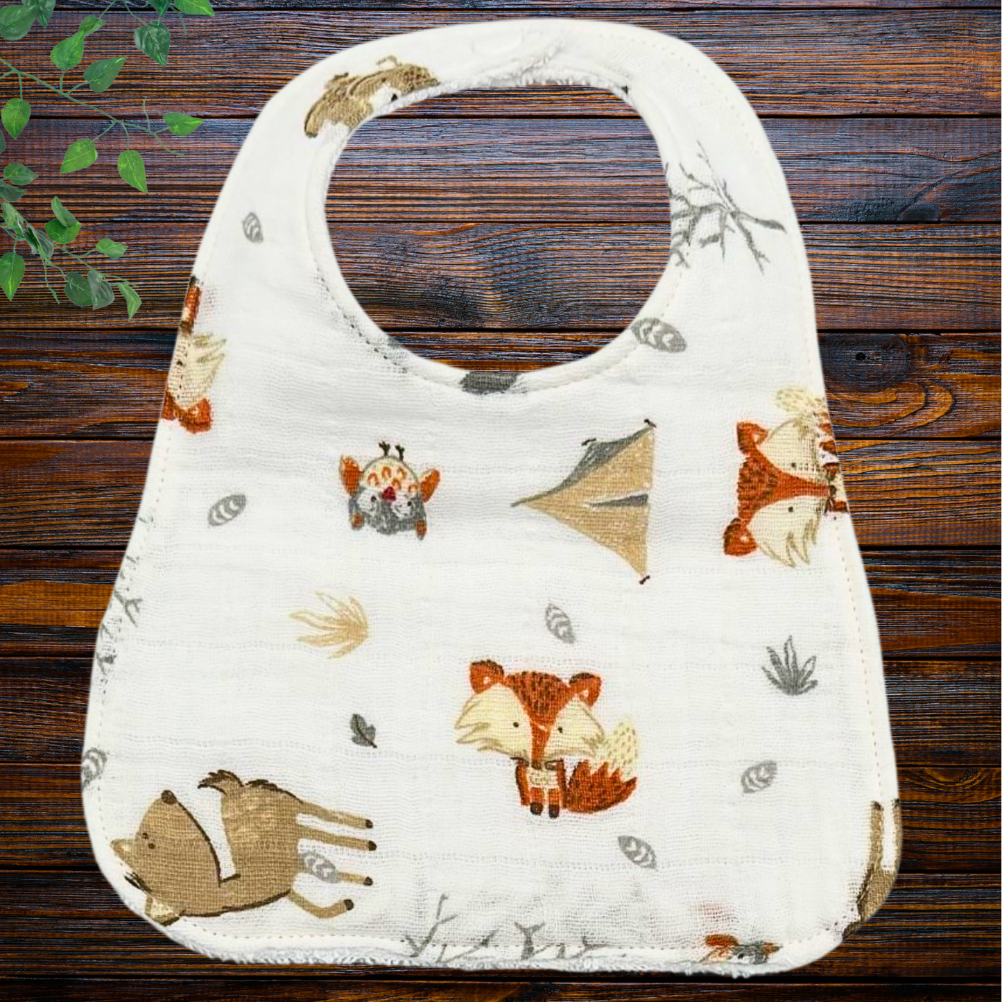 Muslin Forest Animal Bib & Burp Cloth Set – Handmade Baby Gift, Soft & Absorbent Woodland Print with White Terry Cloth Backing