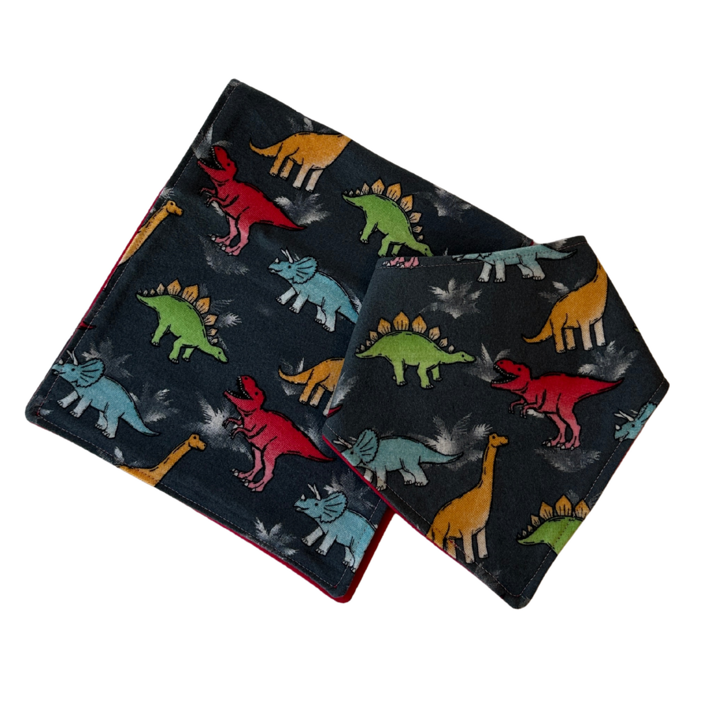 Dinosaur Bib & Burp Cloth Set – Handmade Baby Gift, Gray Cotton Flannel with Colorful Dinos & Red Flannel Backing, Absorbent