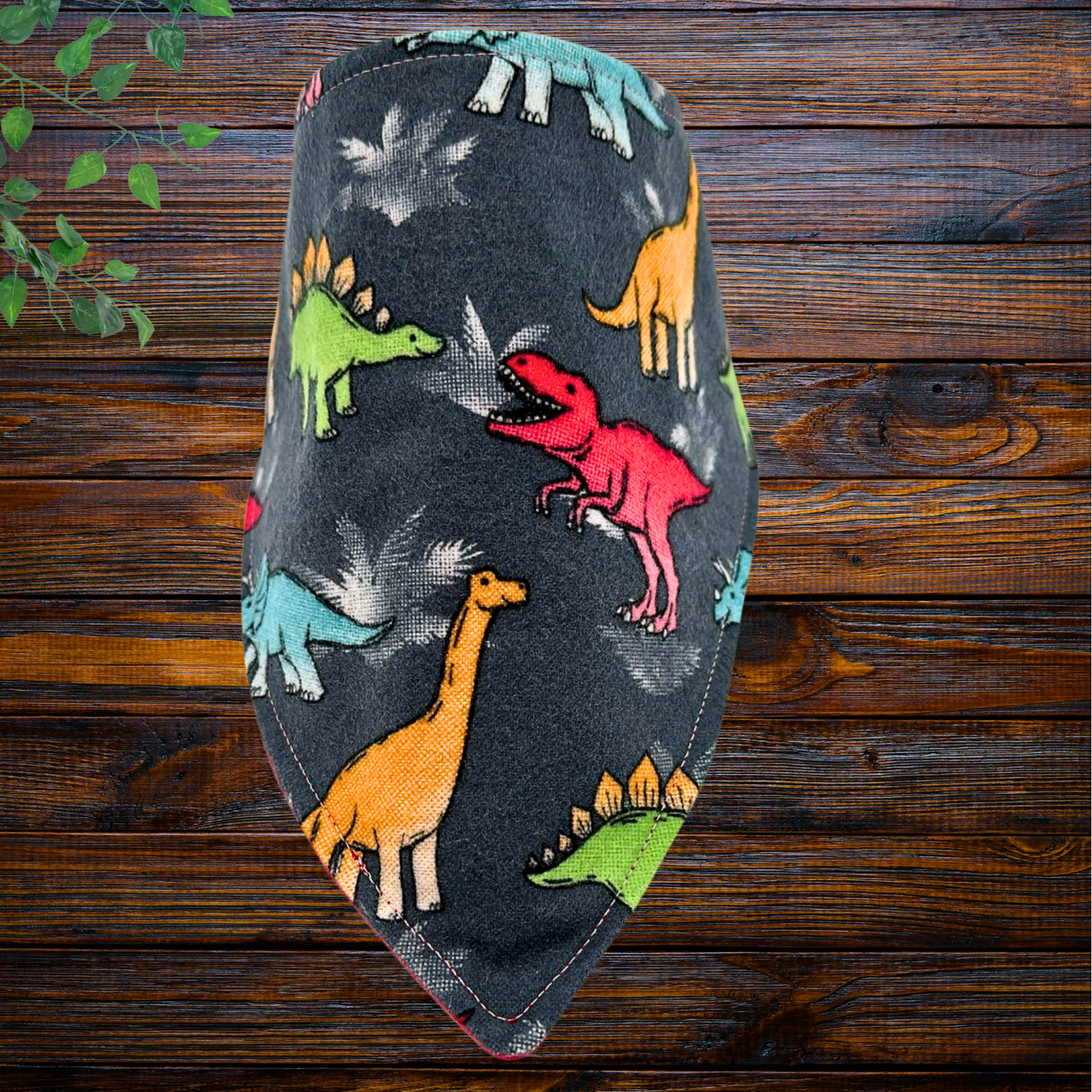 Dinosaur Bib & Burp Cloth Set – Handmade Baby Gift, Gray Cotton Flannel with Colorful Dinos & Red Flannel Backing, Absorbent