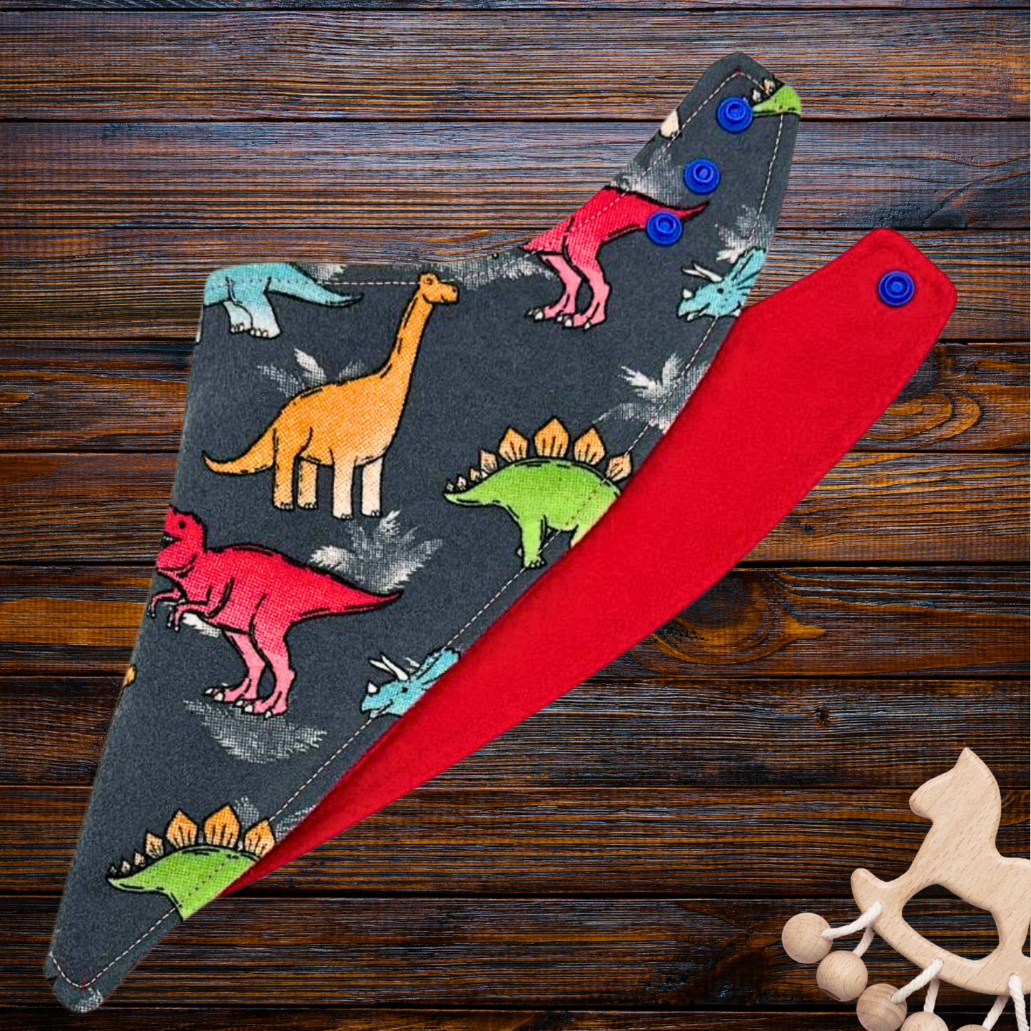 Dinosaur Bib & Burp Cloth Set – Handmade Baby Gift, Gray Cotton Flannel with Colorful Dinos & Red Flannel Backing, Absorbent