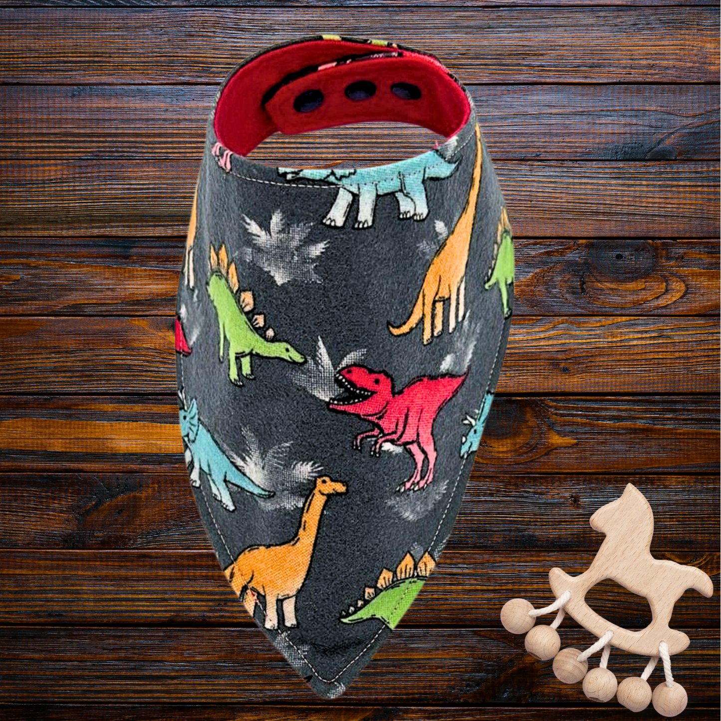 Dinosaur Bib & Burp Cloth Set – Handmade Baby Gift, Gray Cotton Flannel with Colorful Dinos & Red Flannel Backing, Absorbent