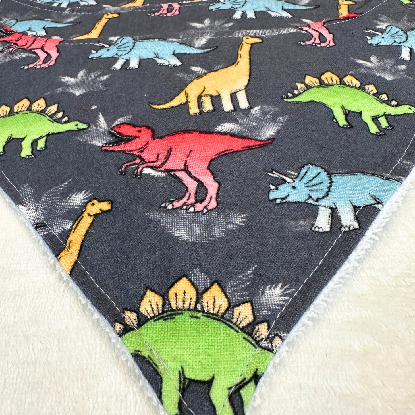 Dinosaur Bib & Burp Cloth Set – Handmade Baby Gift, Gray Cotton Flannel with Colorful Dinos, Terry & Flannel Backing, Absorbent