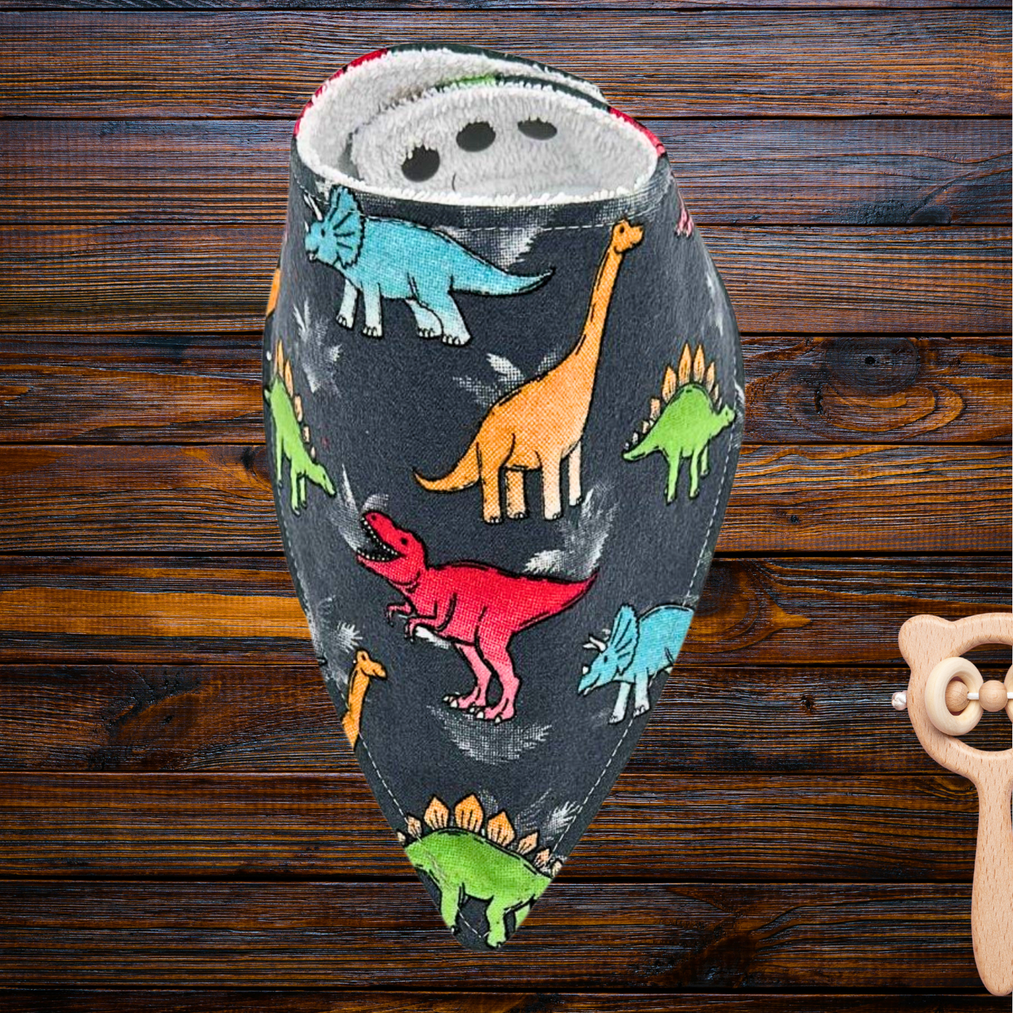 Dinosaur Bib & Burp Cloth Set – Handmade Baby Gift, Gray Cotton Flannel with Colorful Dinos, Terry & Flannel Backing, Absorbent