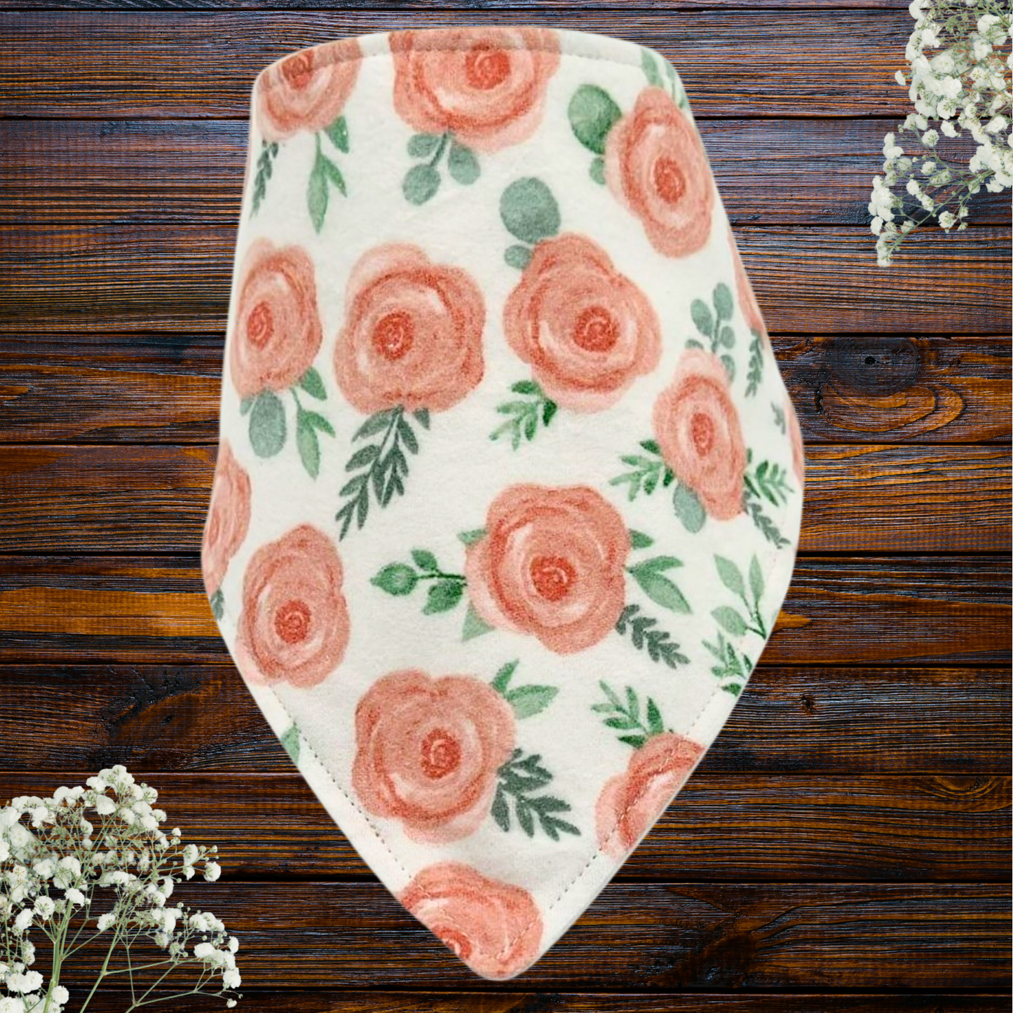 Peach Floral Bib & Burp Cloth Set – Handmade 3-Piece Baby Gift with Cotton Flannel, Minky & Terry Cloth, Soft & Absorbent