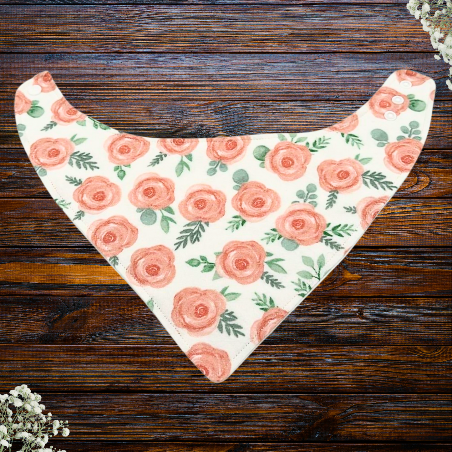 Peach Floral Bib & Burp Cloth Set – Handmade 3-Piece Baby Gift with Cotton Flannel, Minky & Terry Cloth, Soft & Absorbent