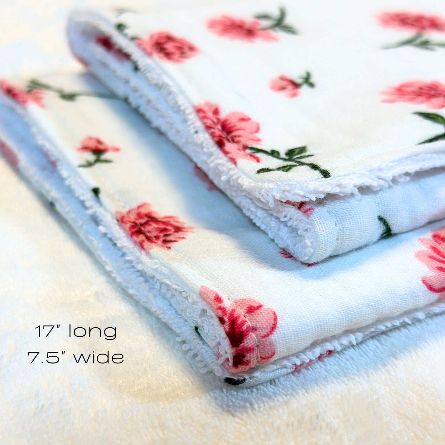 Pink Floral Burp Cloth & Bib Set – Handmade 3-Piece Baby Gift, Gauze & Terry 2-Pack Burp Cloths with Pink Dot Minky Bib