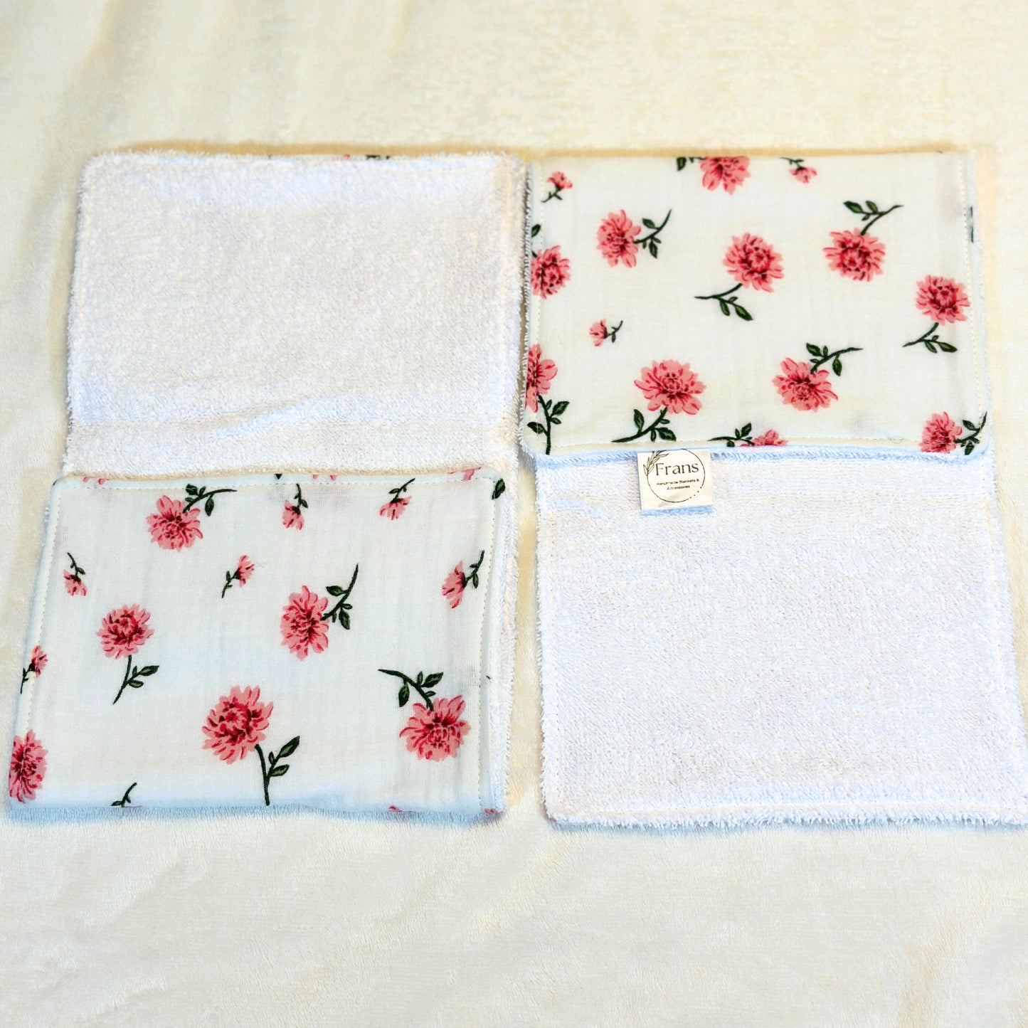 Pink Floral Burp Cloth & Bib Set – Handmade 3-Piece Baby Gift, Gauze & Terry 2-Pack Burp Cloths with Pink Dot Minky Bib