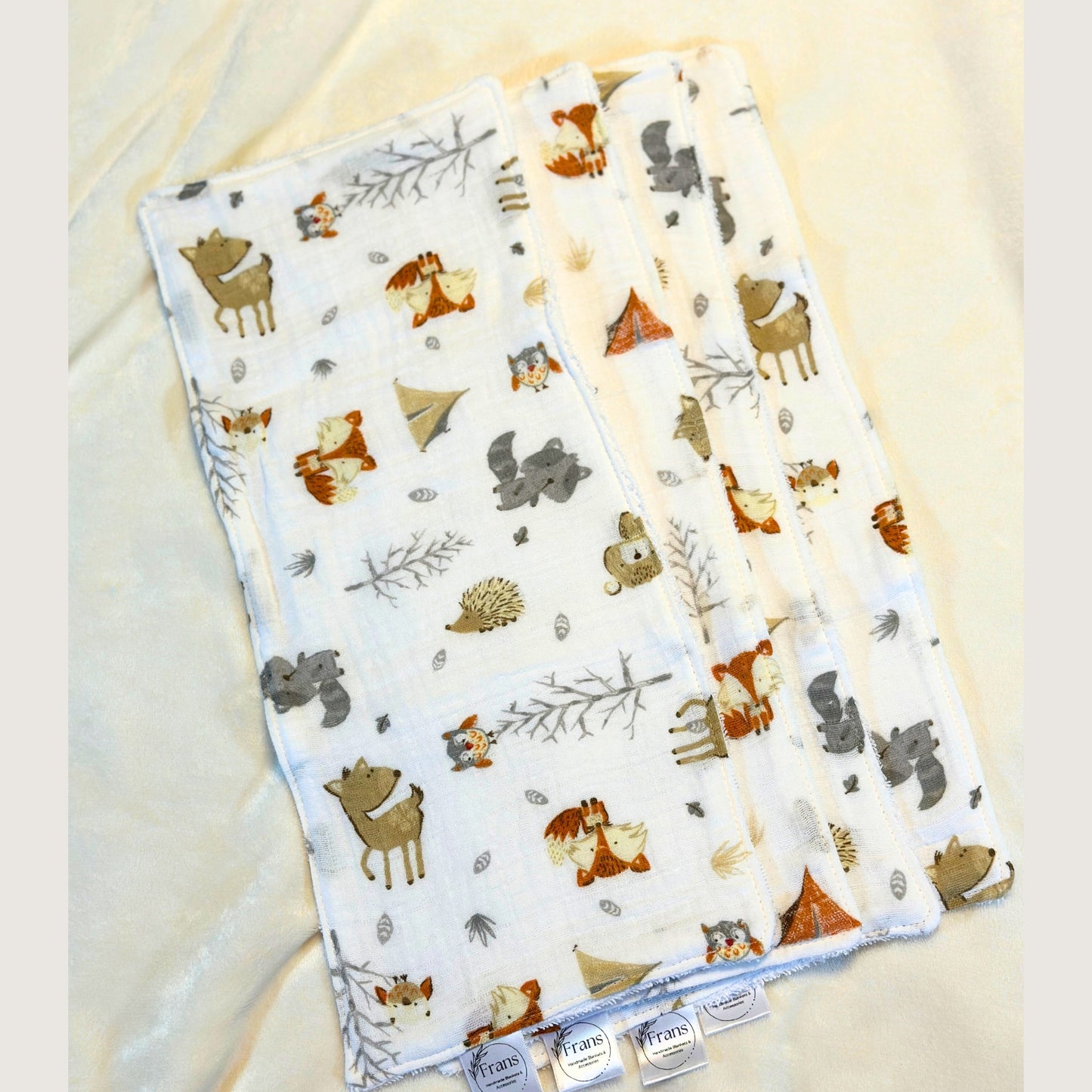 Muslin Forest Animals Burp Cloth Set – Handmade 2-Pack with Soft Gray Flannel Backing, Absorbent 7.5x17 Baby Feeding Essentials