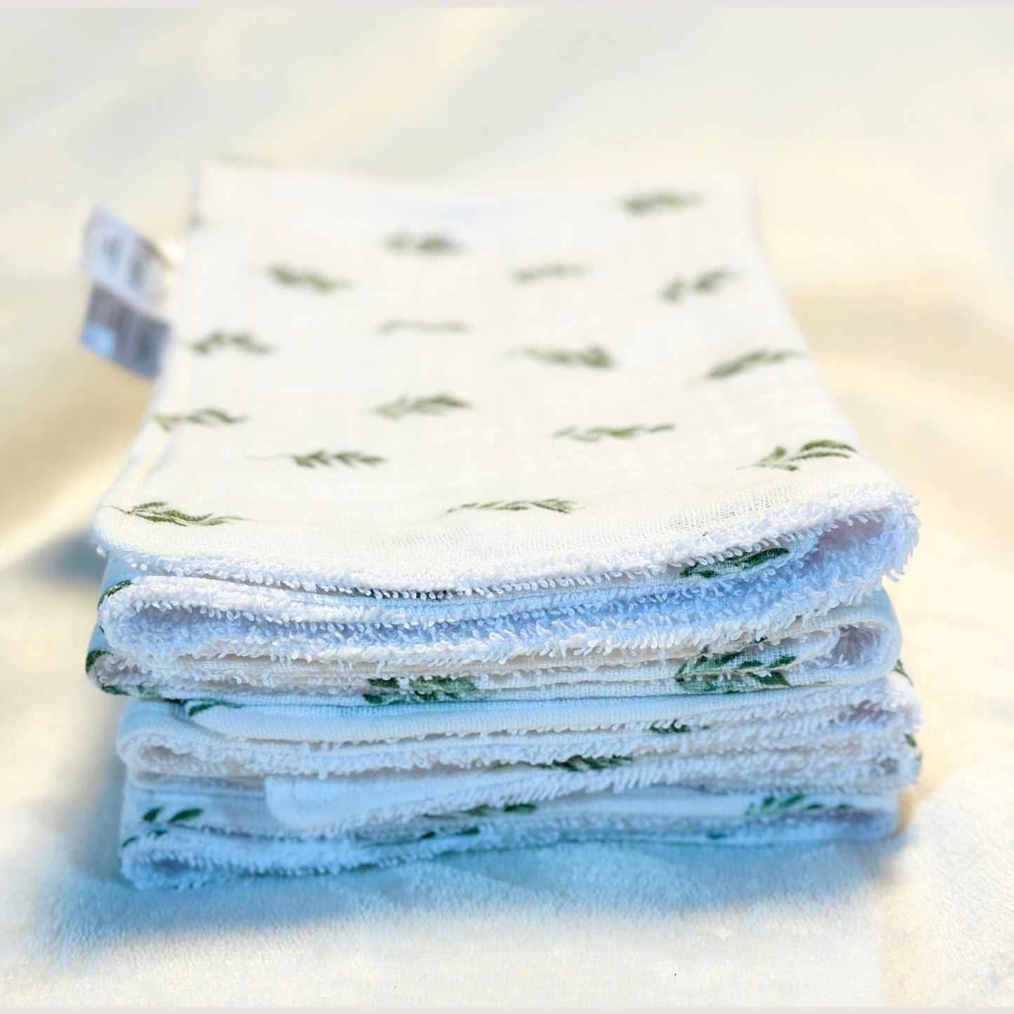 Green Leaf Muslin Burp Cloth Set – 3-Pack Handmade Baby Gift, Soft 7.5x17 Cloths with Absorbent White Terry Backing