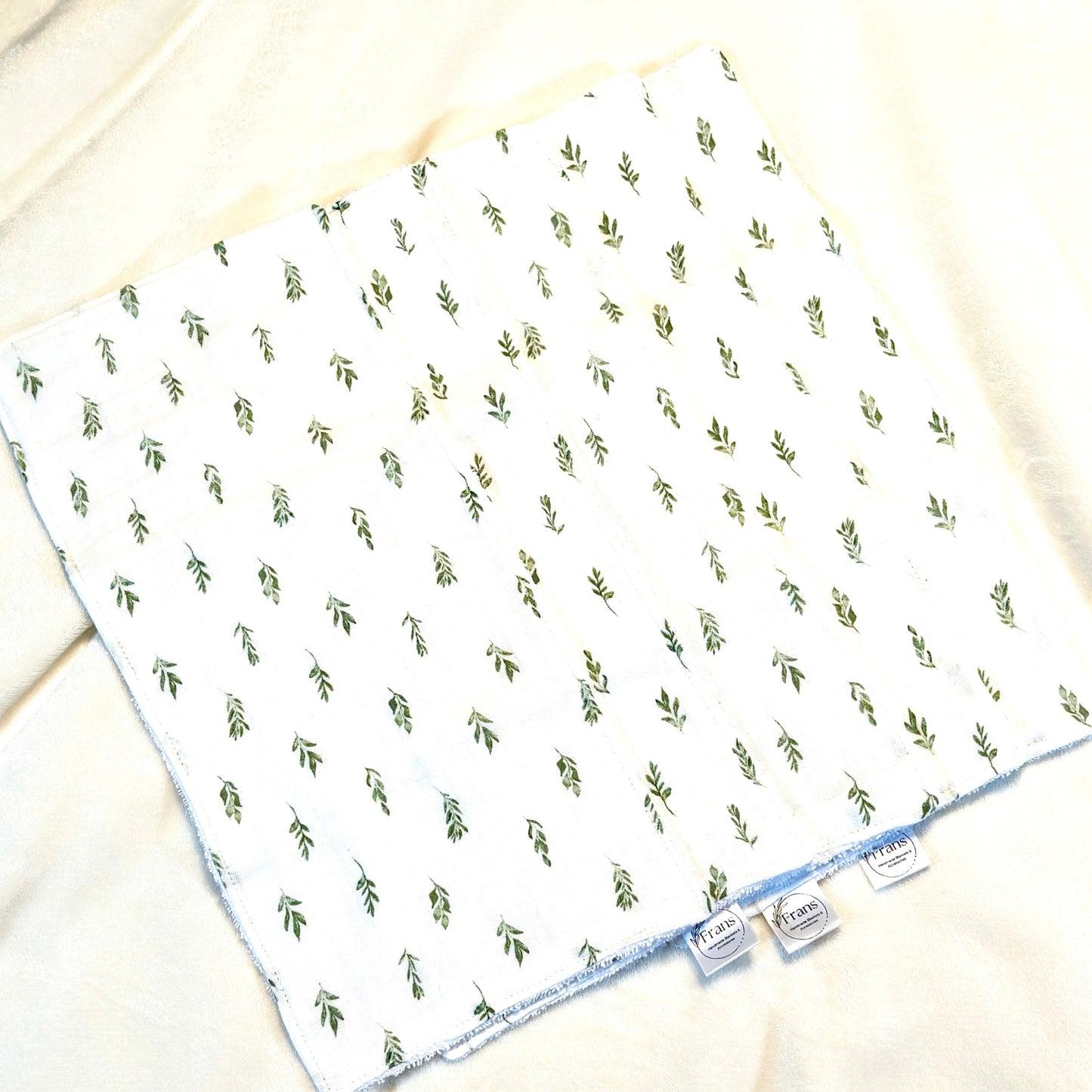 Green Leaf Muslin Burp Cloth Set – 3-Pack Handmade Baby Gift, Soft 7.5x17 Cloths with Absorbent White Terry Backing