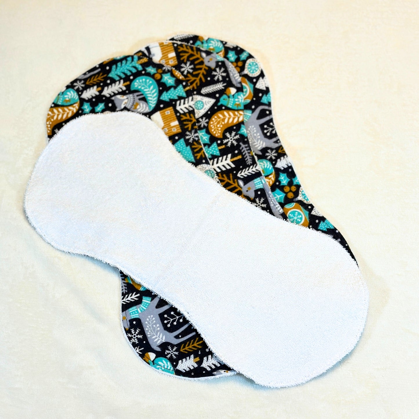Whimsical Forest Animal Burp Cloth Set – 2-Pack Black Flannel with Teal, Silver & Gray Prints, Absorbent Terry Cloth Backing, Handmade