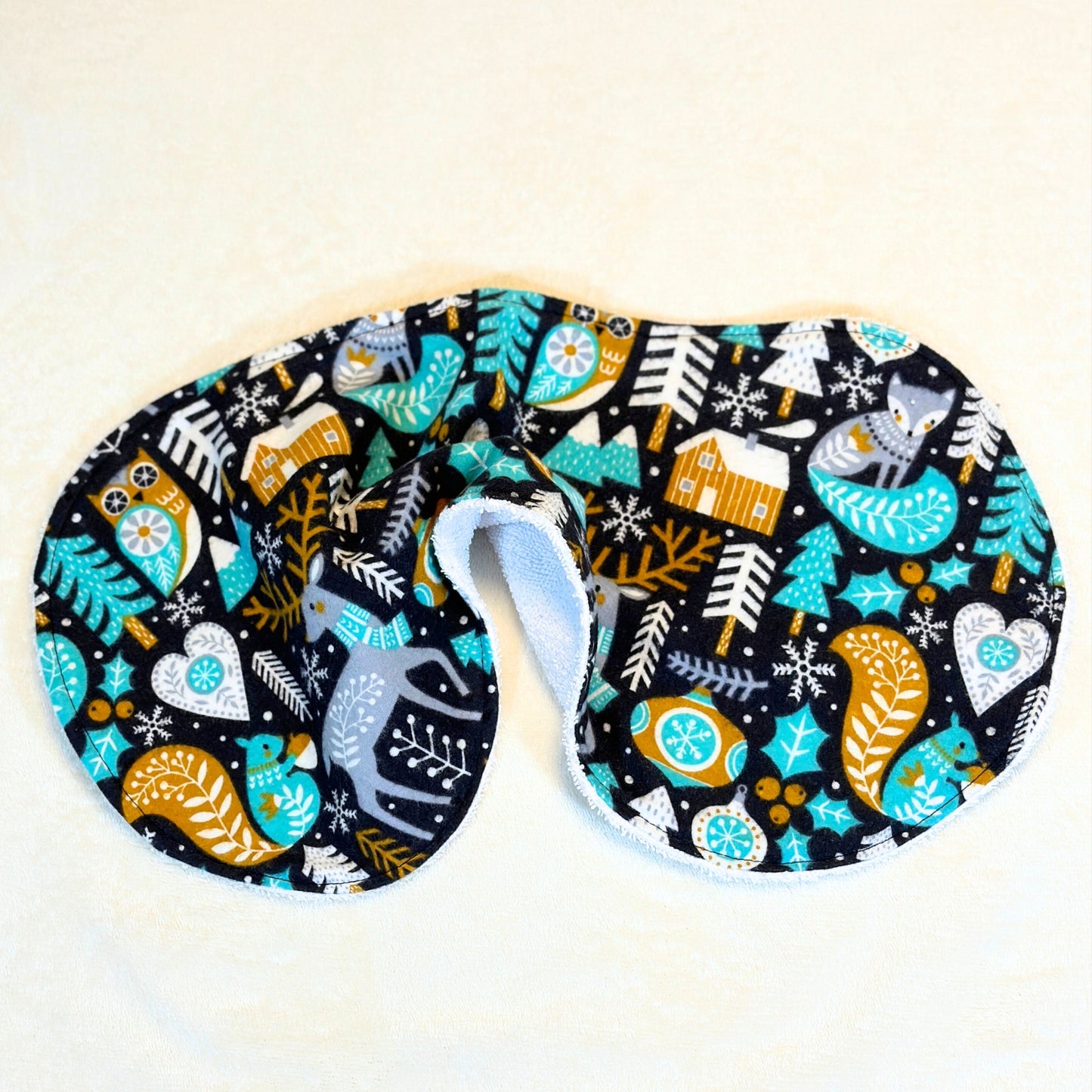 Whimsical Forest Animal Burp Cloth Set – 2-Pack Black Flannel with Teal, Silver & Gray Prints, Absorbent Terry Cloth Backing, Handmade