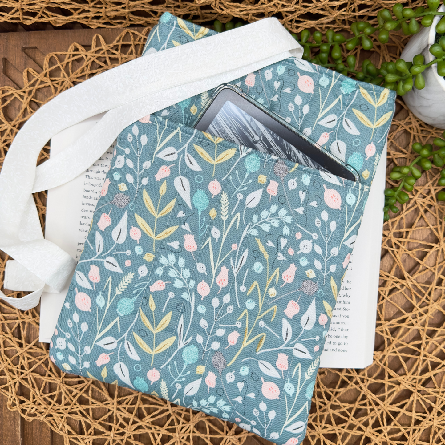 Sage Green Whimsy Book Sleeve – Quilted, Pocketed & Bow-Tied