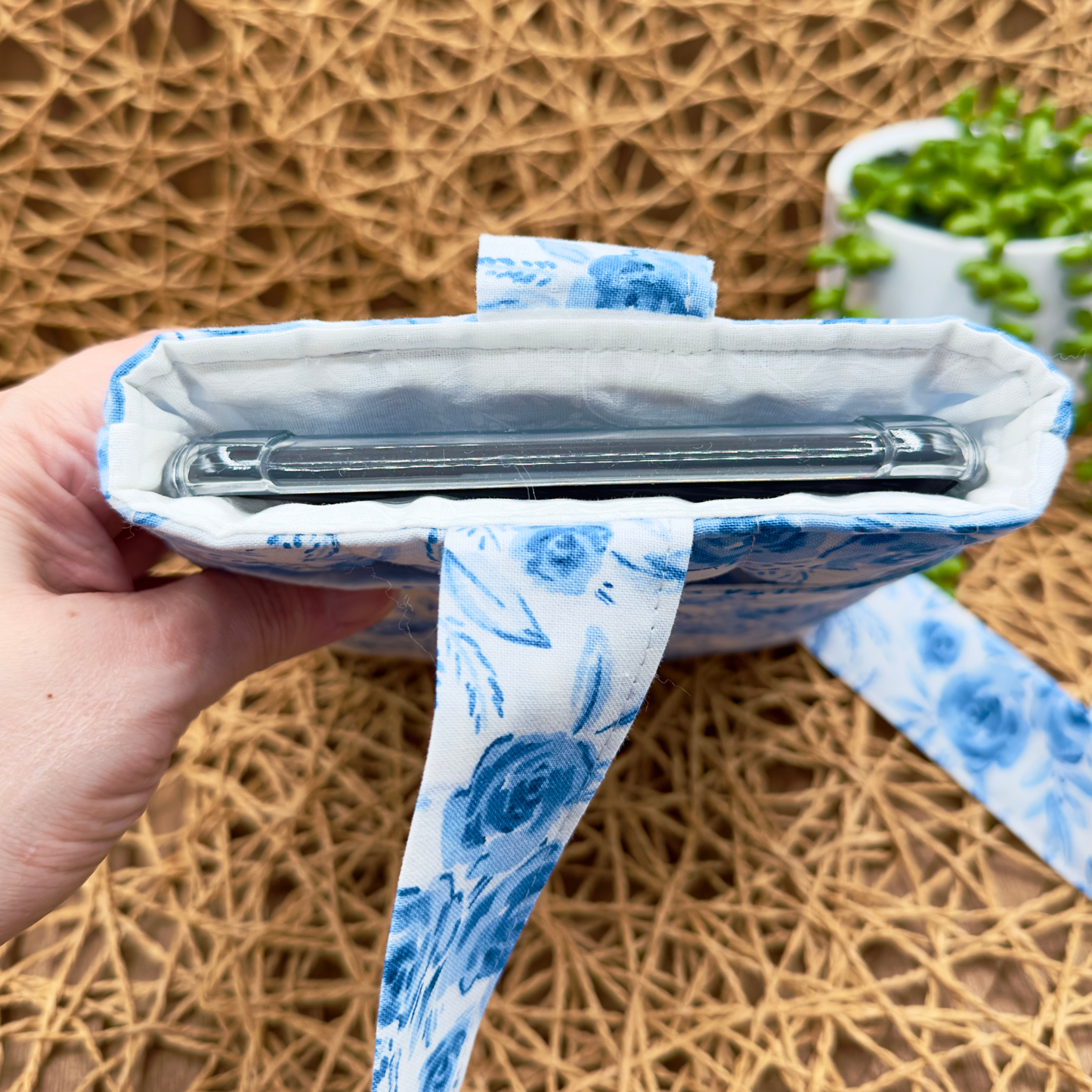 Blue Bloom Book Sleeve – Quilted, Pocketed & Bow-Tied