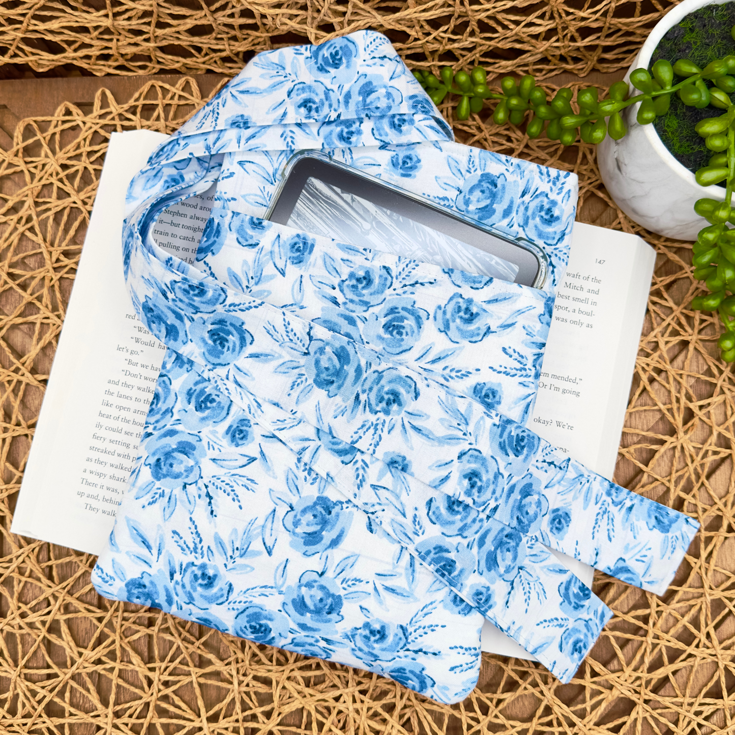 Blue Bloom Book Sleeve – Quilted, Pocketed & Bow-Tied