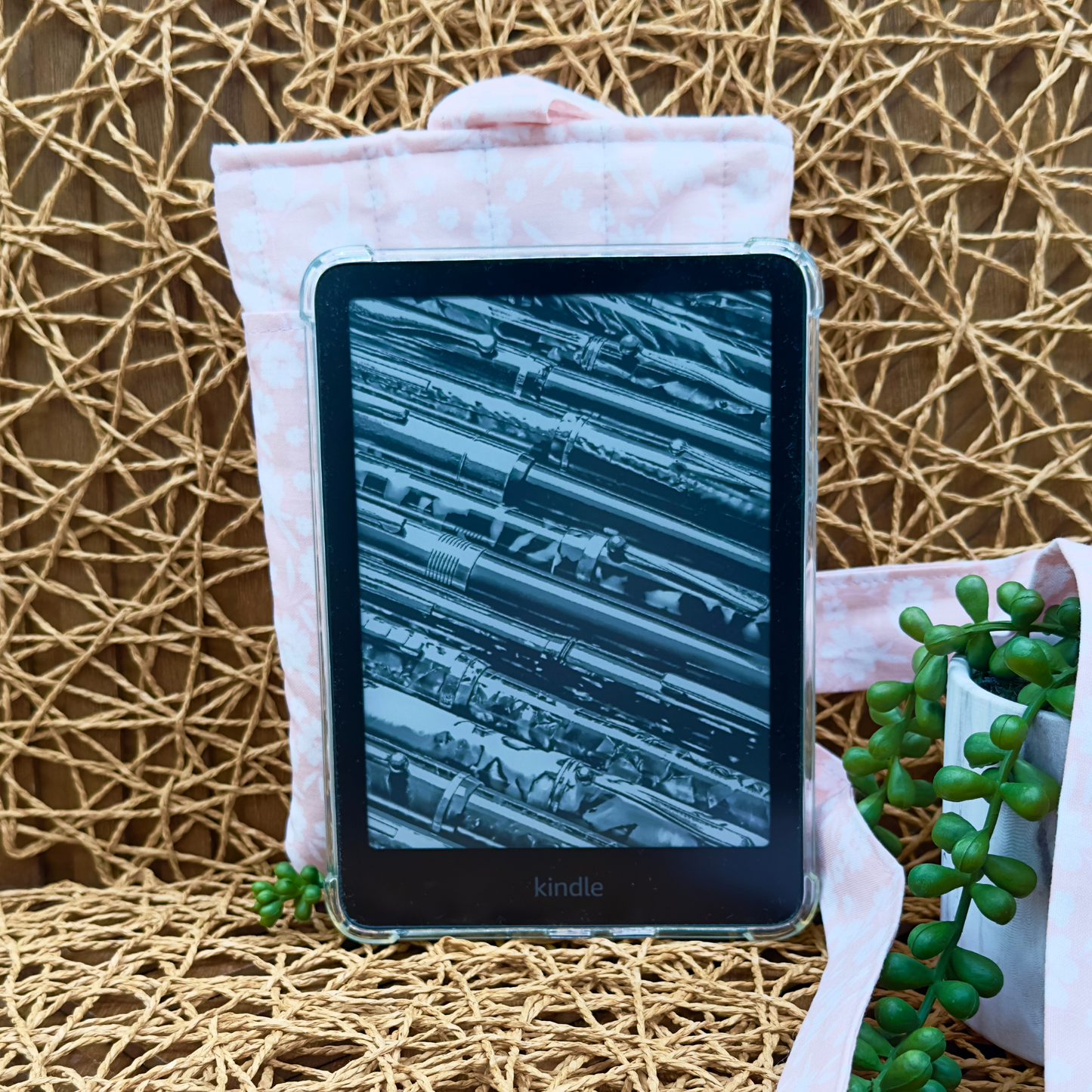 Blush Bloom Book Sleeve – Quilted, Pocketed & Bow-Tied