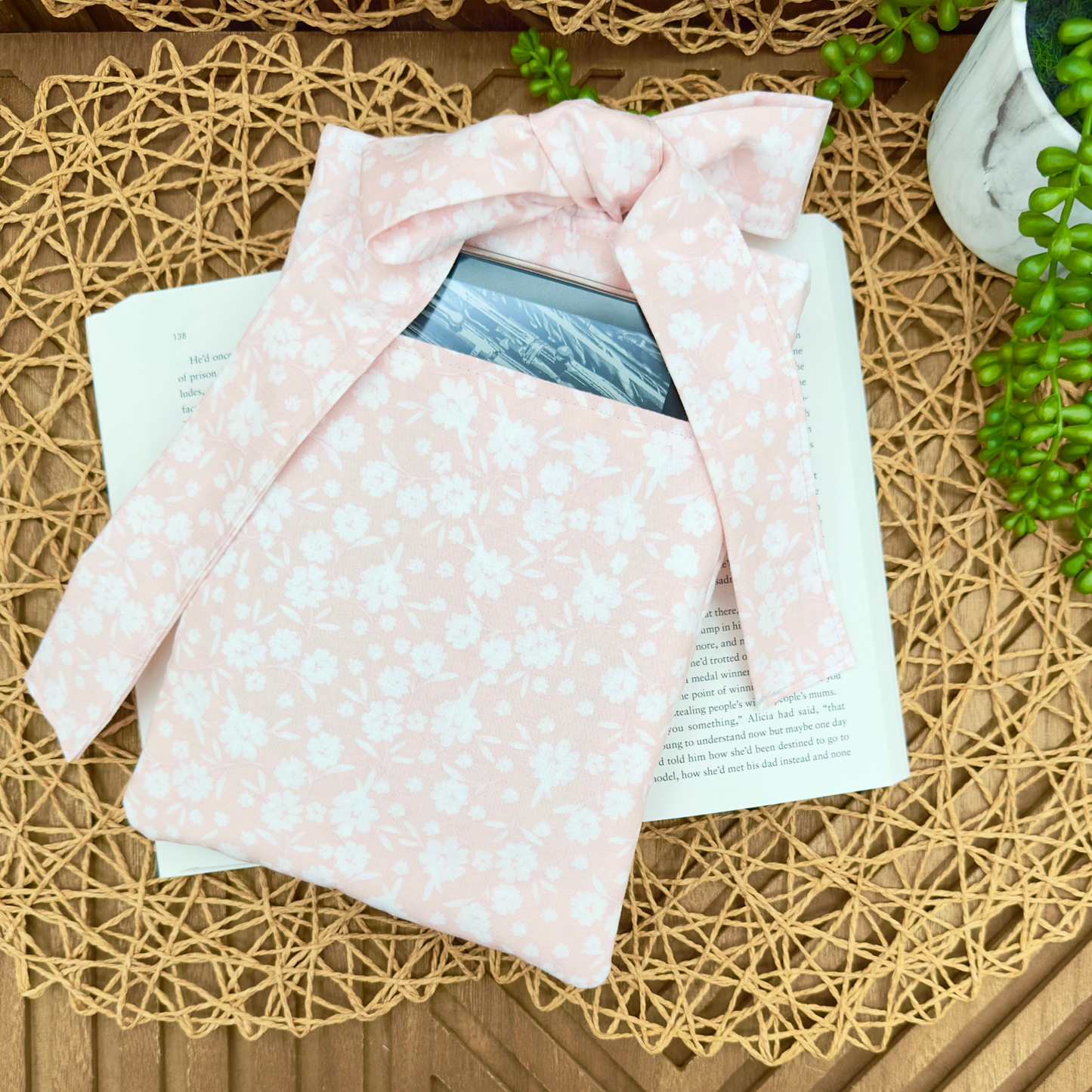 Blush Bloom Book Sleeve – Quilted, Pocketed & Bow-Tied