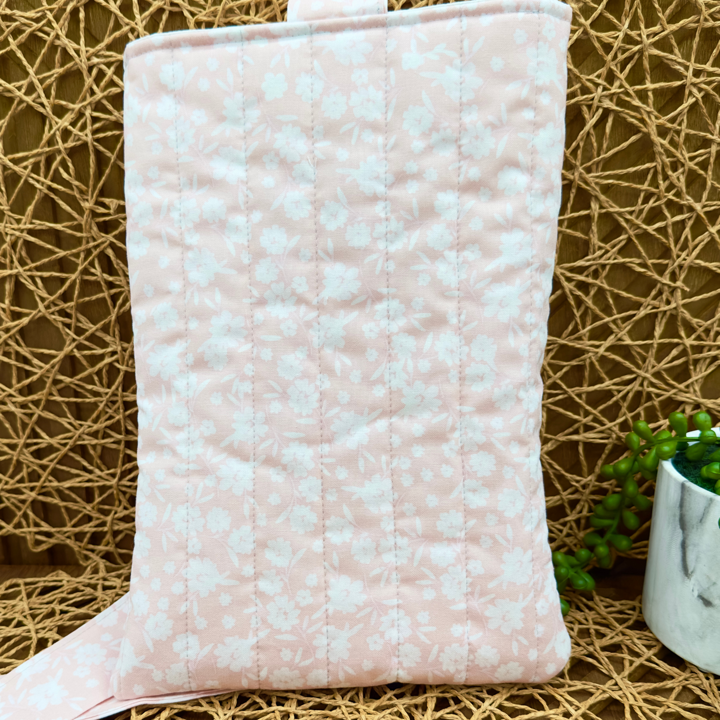 Blush Bloom Book Sleeve – Quilted, Pocketed & Bow-Tied