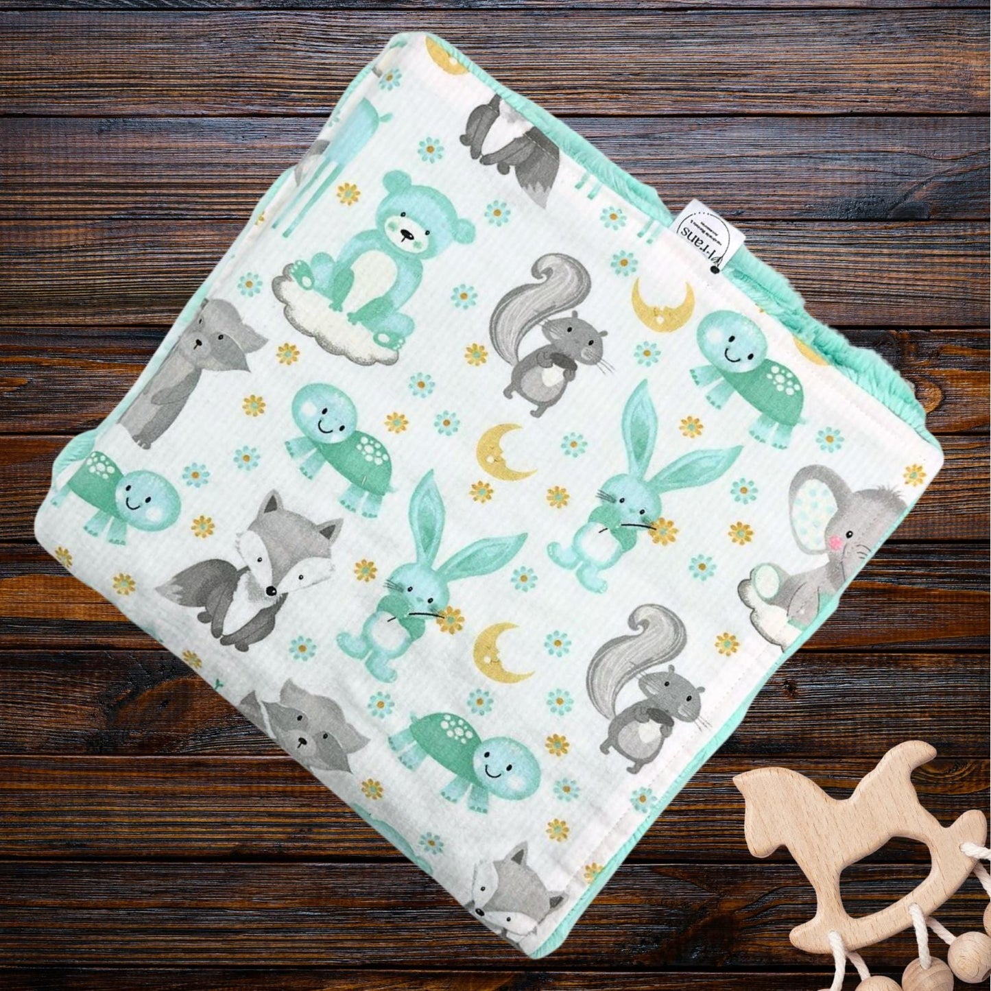 Mint Forest Animals Minky and Flannel Baby Blanket, Whimsical Forest Animals Minky Baby Wrap, Soft Minky Snuggle Blanket, Stroller Blanket