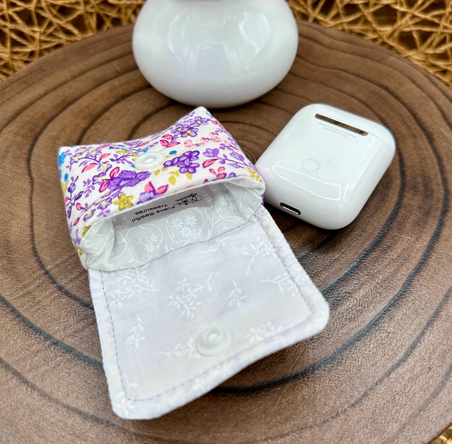 Wireless earbud case, Cute Purple and Yellow floral fabric with snap closure and swivel clasp for added protection and convenience, 3X3X.75"