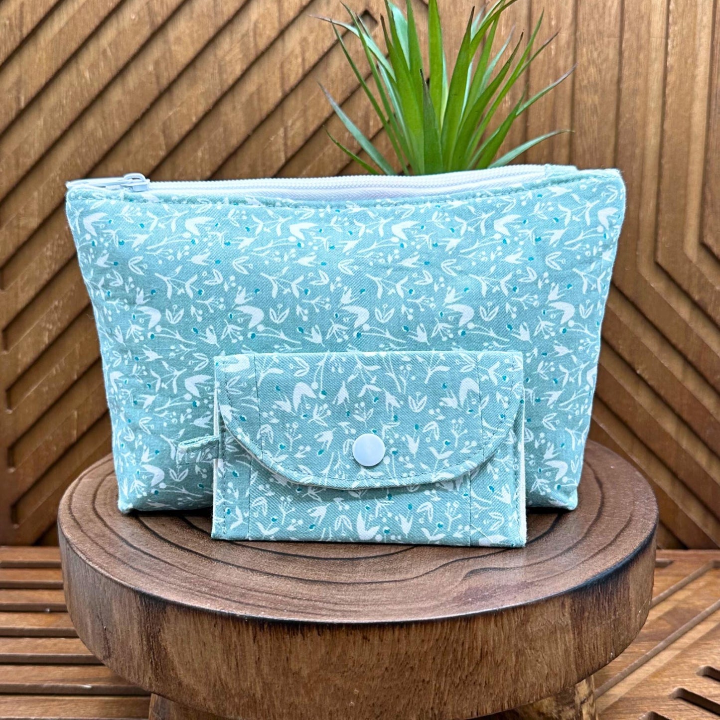 sage with white flowers zippered make up bag and small snap pouch set