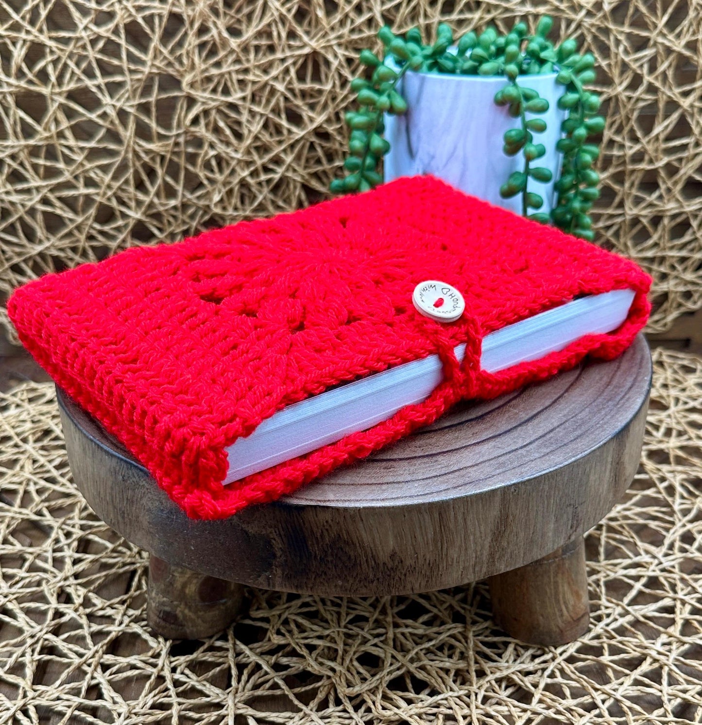 Book Sleeve Soft Crochet in Red Yarn Featuring a Classic Floral Granny Square Design Secure Wood Button Closure, Measures about 9X6"