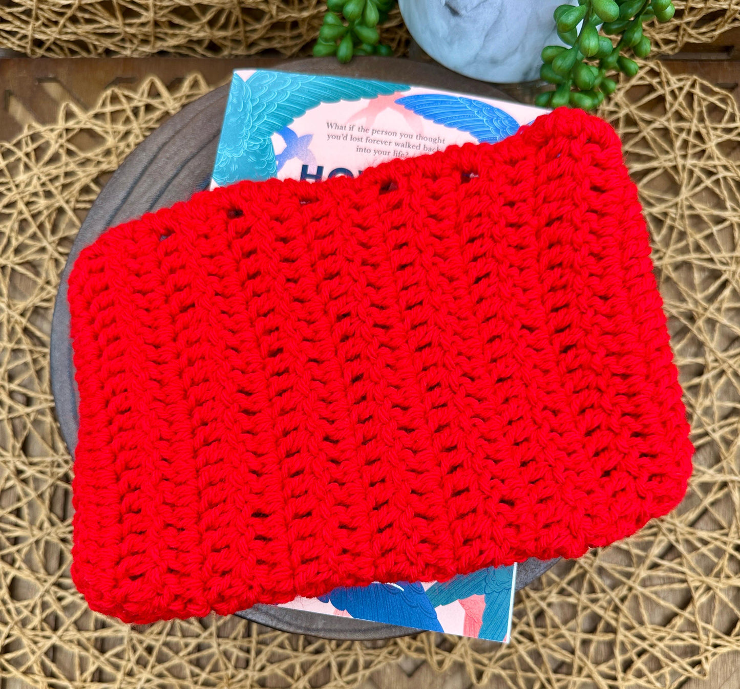 Book Sleeve Soft Crochet in Red Yarn Featuring a Classic Floral Granny Square Design Secure Wood Button Closure, Measures about 9X6"