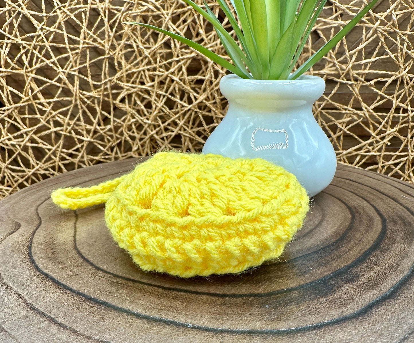 Yellow Crocheted Wireless earbud case, compatible with AirPods, measures 3.5 T 3.5 H .25 D, Pretty Round Design