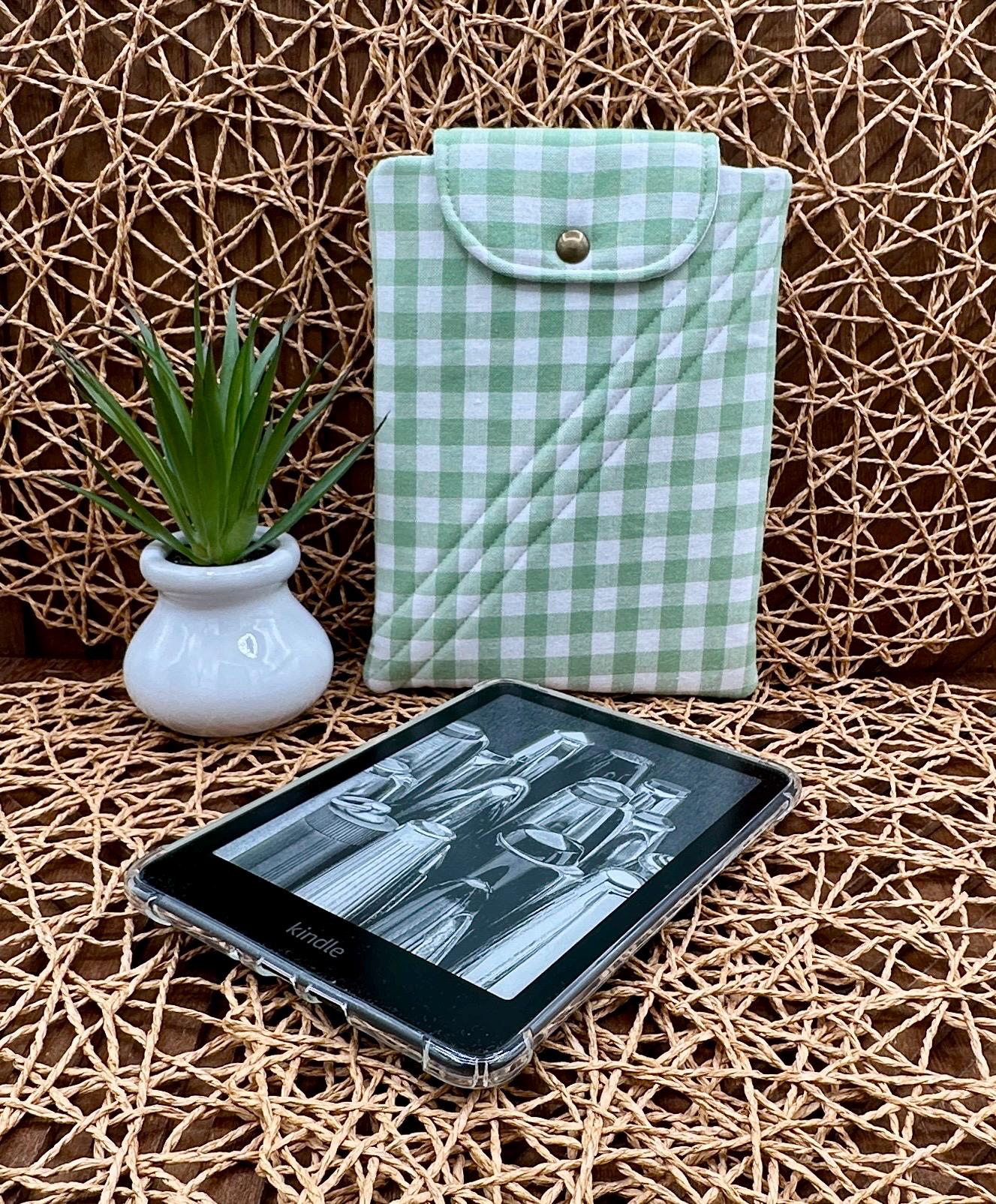 Kindle Paperwhite Sleeve - Cute White and Green Gingham Print, Foam Padded Device Cover, Add Snap and personalization for a custom look!