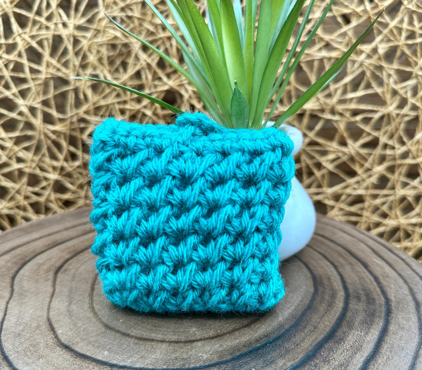 Blue Crocheted Wireless earbud case, compatible with AirPods, measures 3 T 3 H .25 D, Pretty Crochet Stitch Design