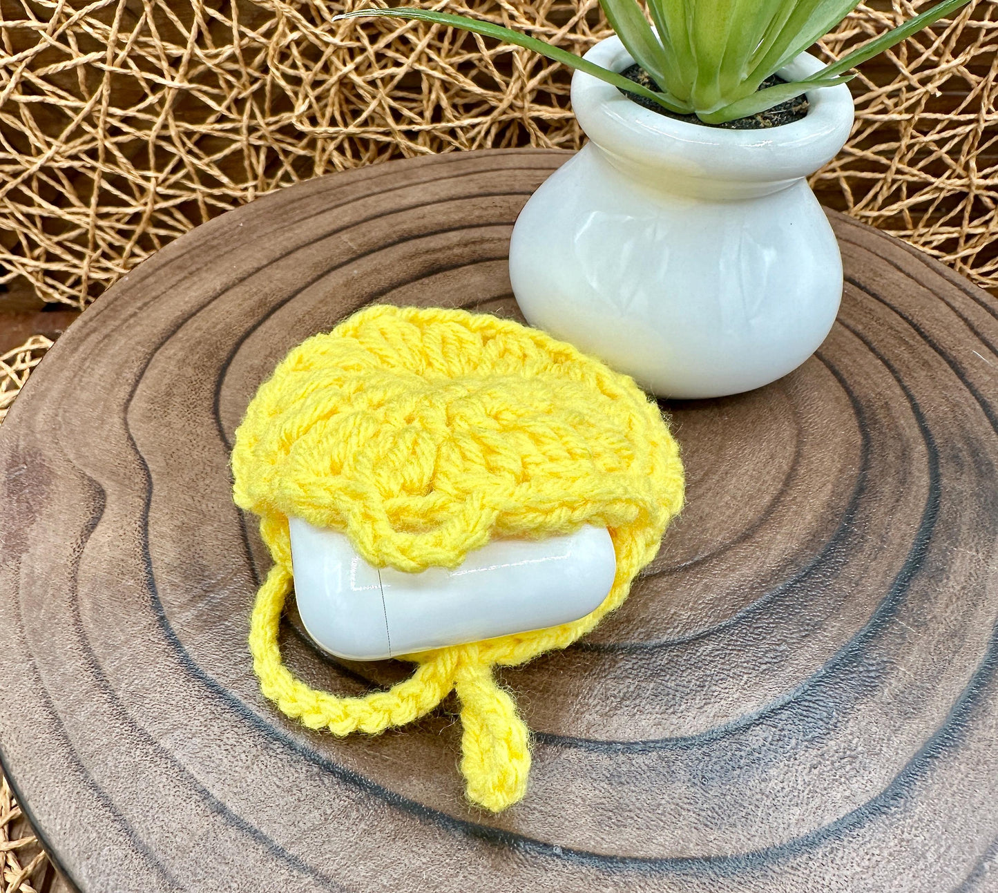 Yellow Crocheted Wireless earbud case, compatible with AirPods, measures 3.5 T 3.5 H .25 D, Pretty Round Design