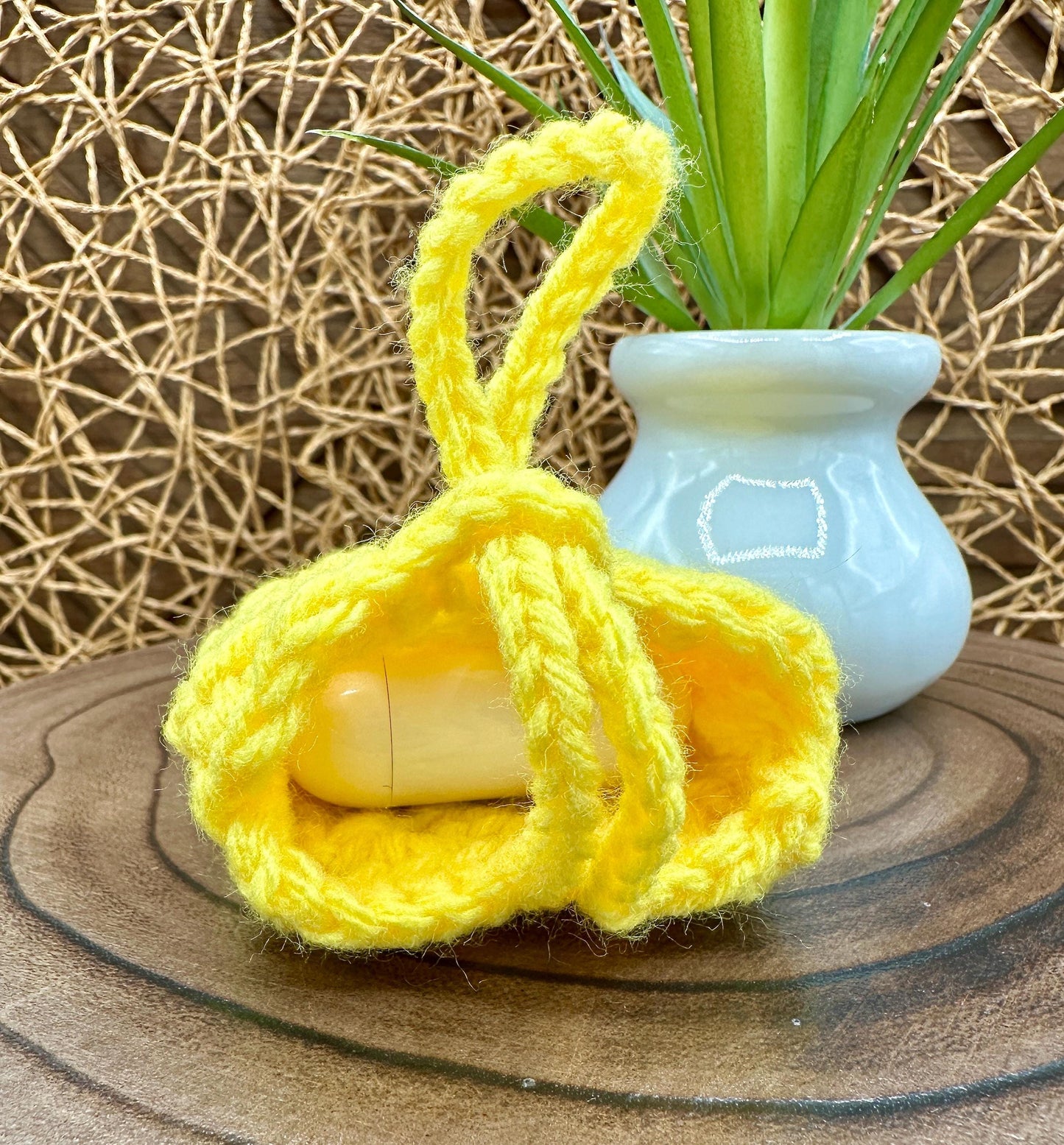 Yellow Crocheted Wireless earbud case, compatible with AirPods, measures 3 T 3 H .25 D, Pretty Granny Square Design
