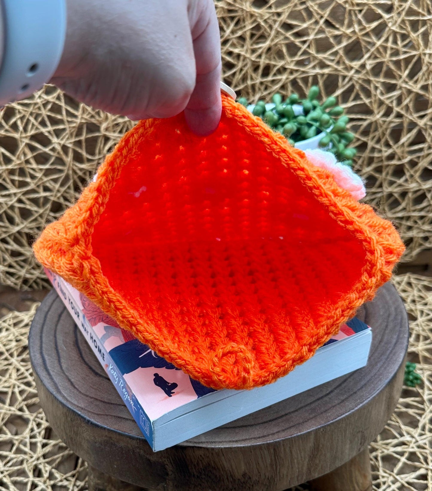 Flower Power Book Sleeve, Soft Crochet in Orange Yarn with White Flowers, Secure Wood Button Closure Measures about 8.5 X6.5"