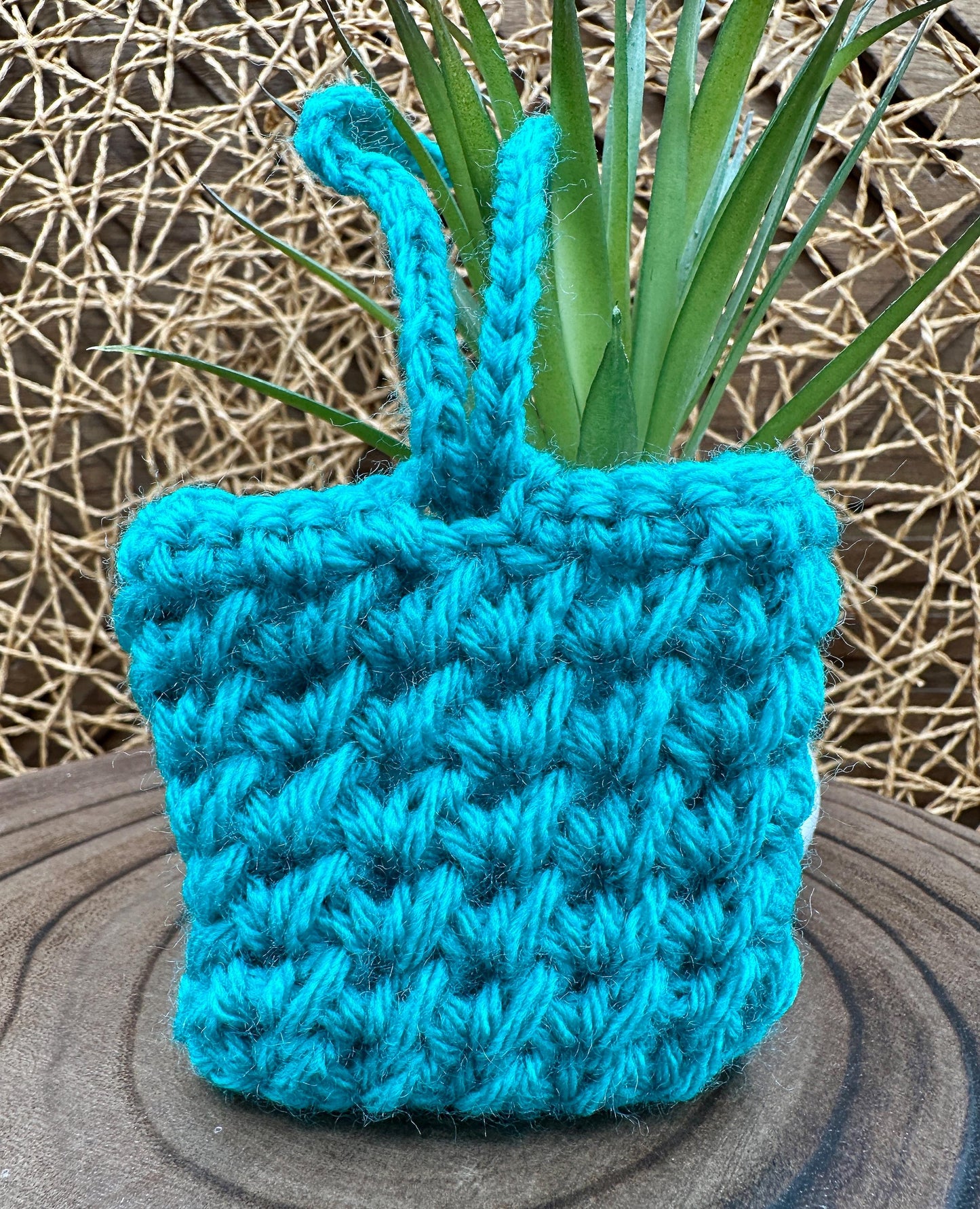 Blue Crocheted Wireless earbud case, compatible with AirPods, measures 3 T 3 H .25 D, Pretty Crochet Stitch Design