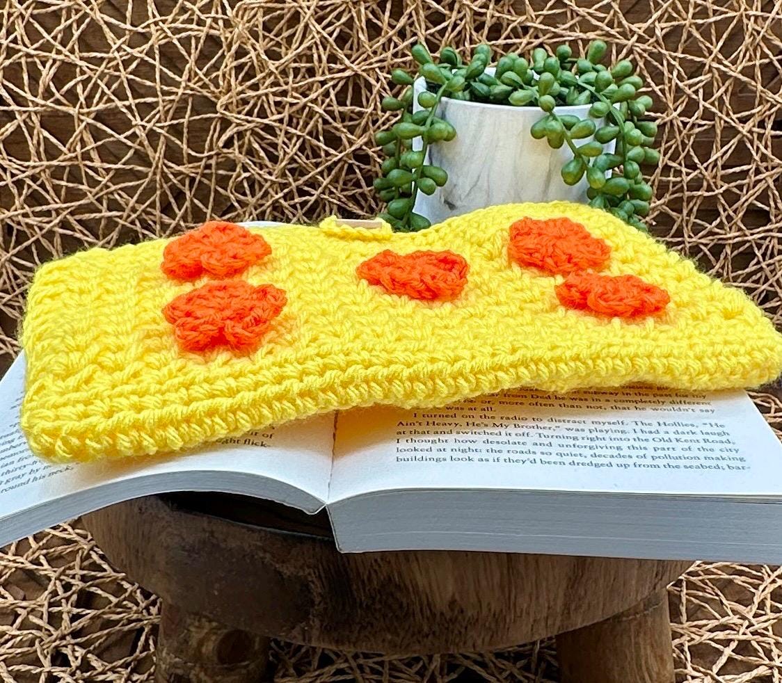 Flower Power Book Sleeve, Soft Crochet in Yellow Yarn with Orange Flowers, Secure Wood Button Closure Measures about 10 X6 "