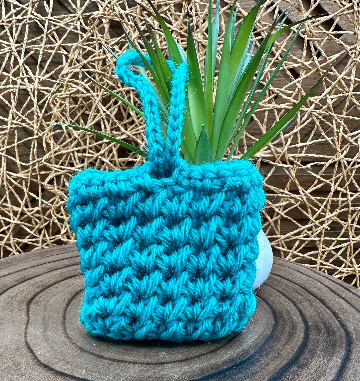 Blue Crocheted Wireless earbud case, compatible with AirPods, measures 3 T 3 H .25 D, Pretty Crochet Stitch Design