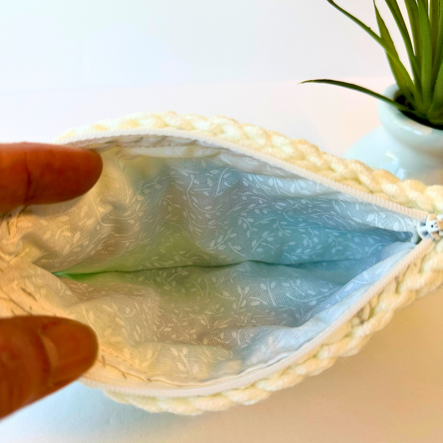 Blue Gray and White Crocheted Zip Pouch with Floral Lining