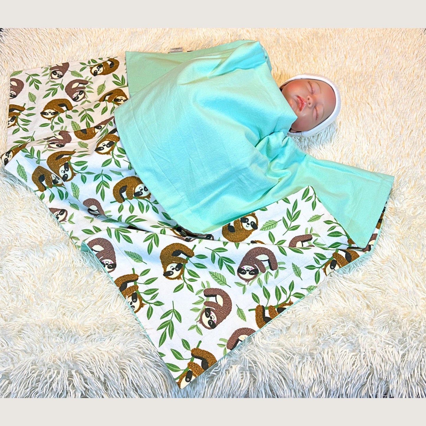 Sleepy Sloth Flannel Snuggles Baby Blanket, Sloth Hugs Baby Blanket Shower Gift, Warm Cotton Flannel Nursery Decor, Gender Neutral