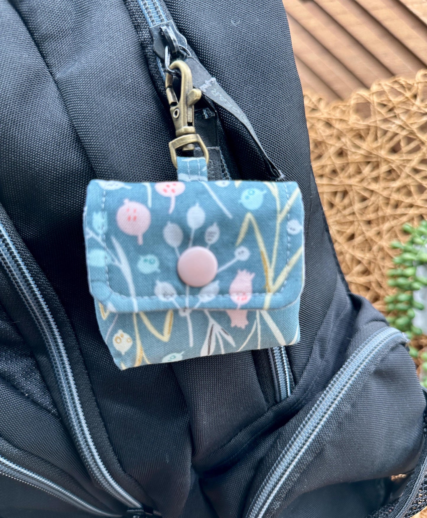 Wireless earbud case, Boho Green Floral fabric with snap closure and swivel clasp for protection and convenience, 3X3X.75"