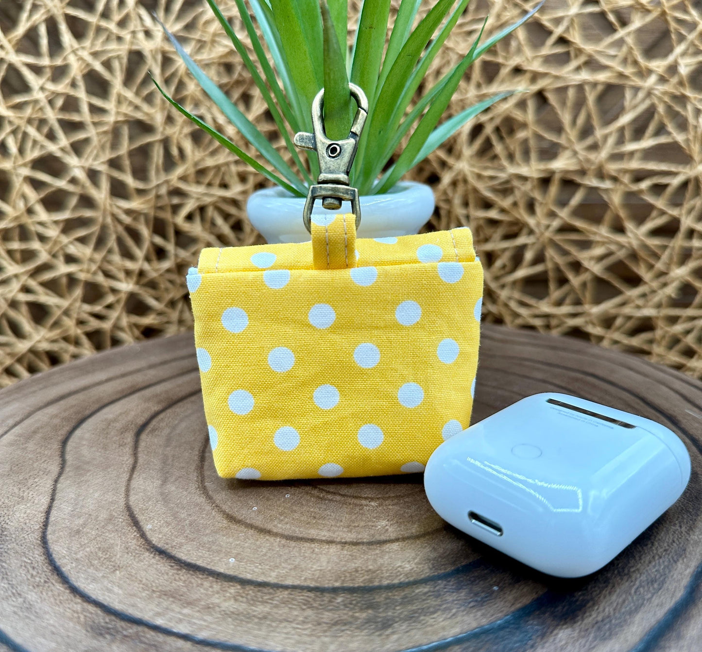 Wireless earbud case, Sunny Yellow with White Polka Dot Fabric with snap closure and swivel clasp for protection and convenience, 3X3X.75"