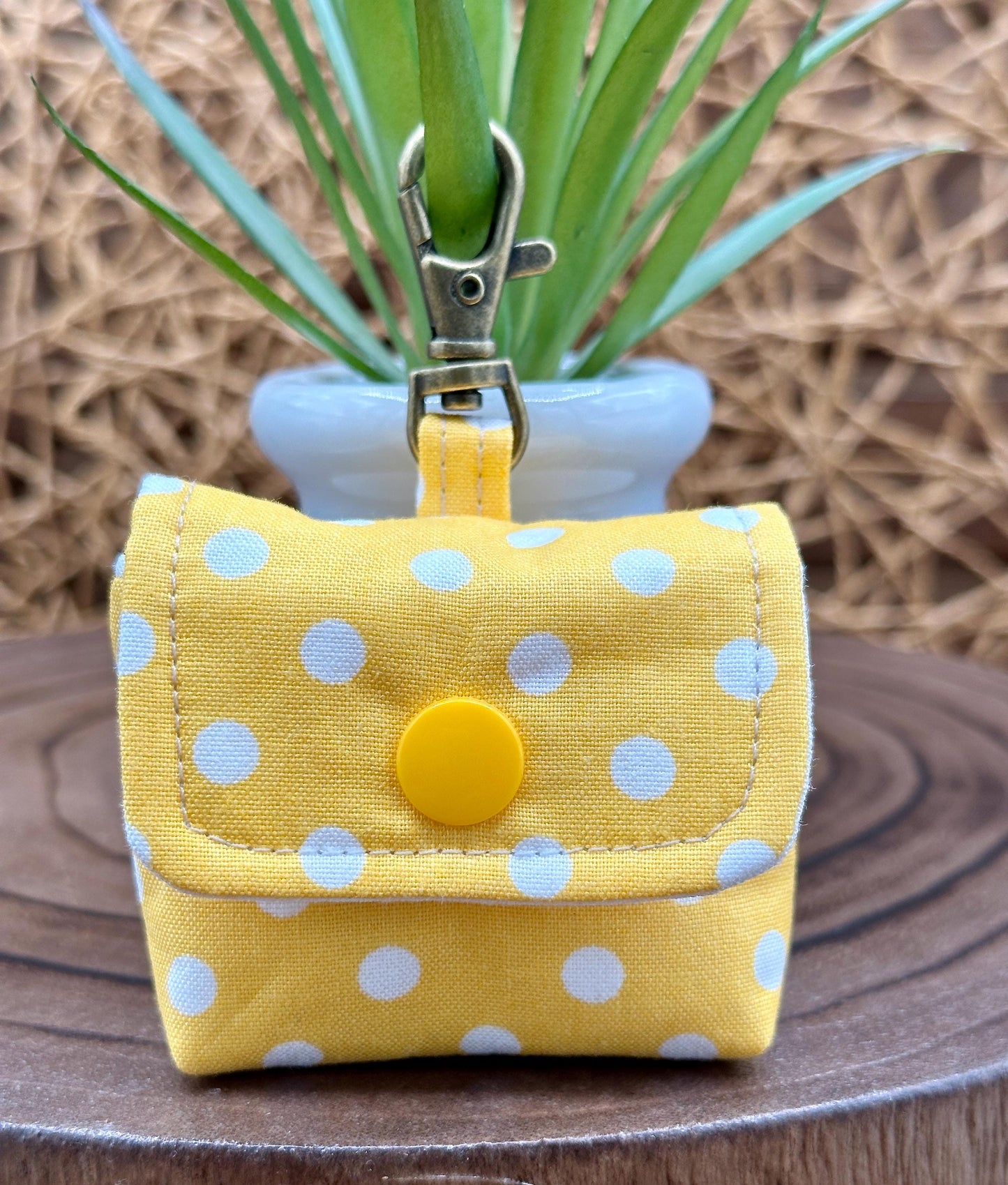 Wireless earbud case, Sunny Yellow with White Polka Dot Fabric with snap closure and swivel clasp for protection and convenience, 3X3X.75"