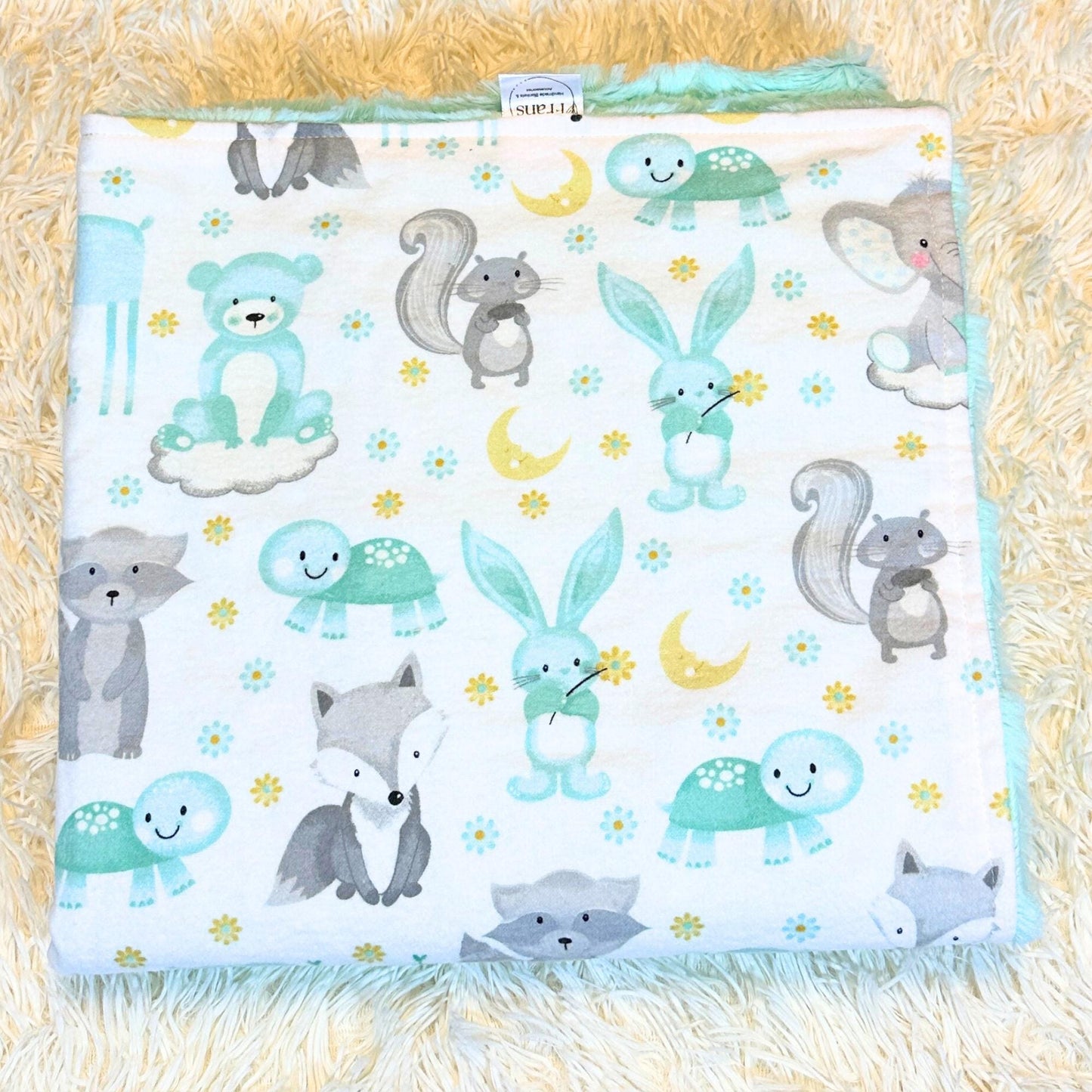 Mint Forest Animals Minky and Flannel Baby Blanket, Whimsical Forest Animals Minky Baby Wrap, Soft Minky Snuggle Blanket, Stroller Blanket