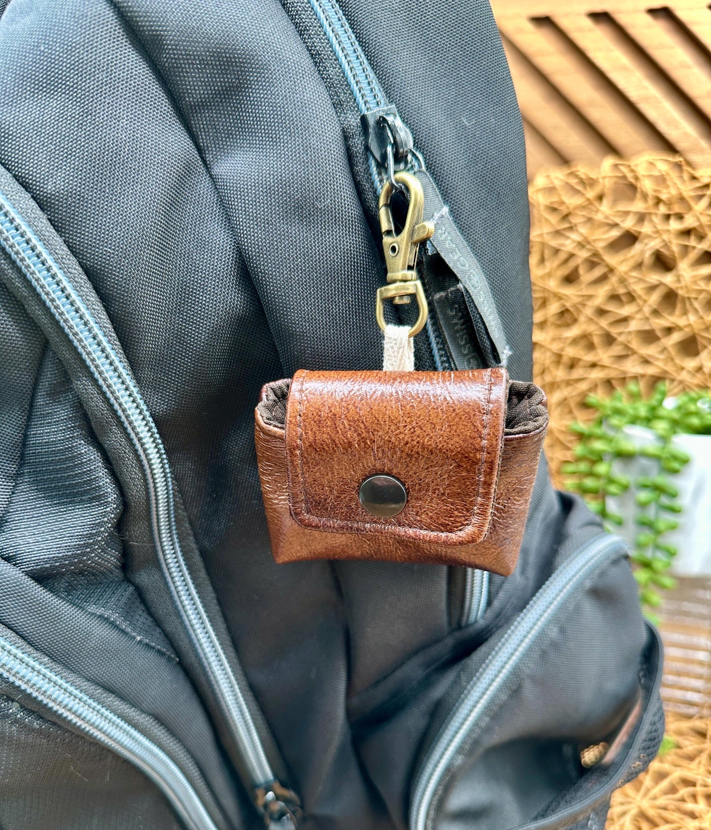 Brown Faux Leather Wireless earbud case, compatible with AirPods, snap closure swivel clasp included for easy and secure carry, 3X3X.75"