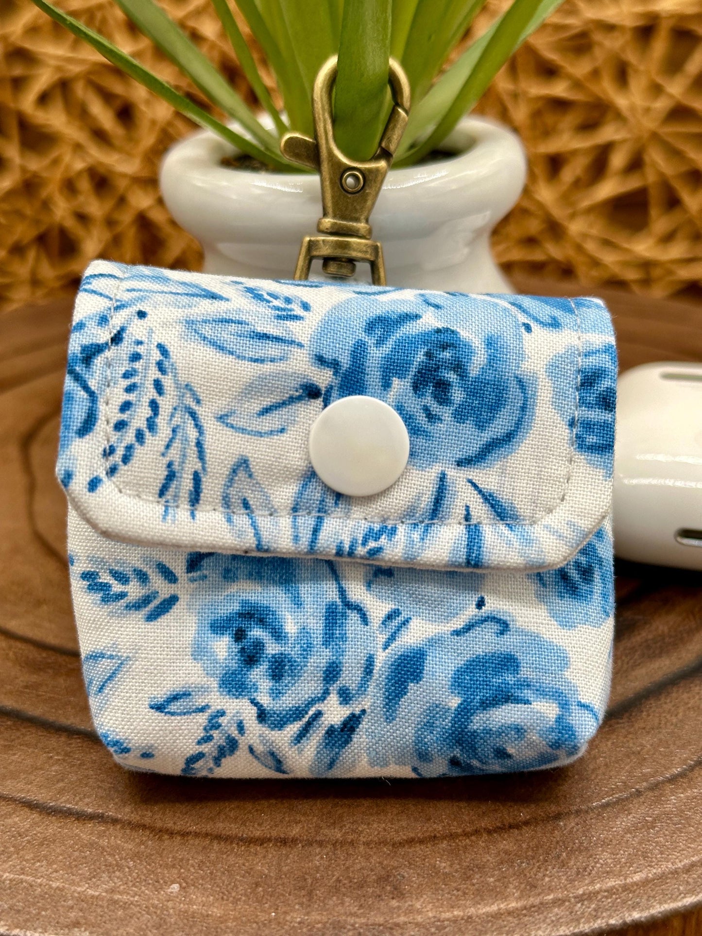 Wireless earbud case, Feminine Blue Floral Fabric with Snap Closure and Swivel Clasp for Stylish Protection and Convenience, 3X3X.75"