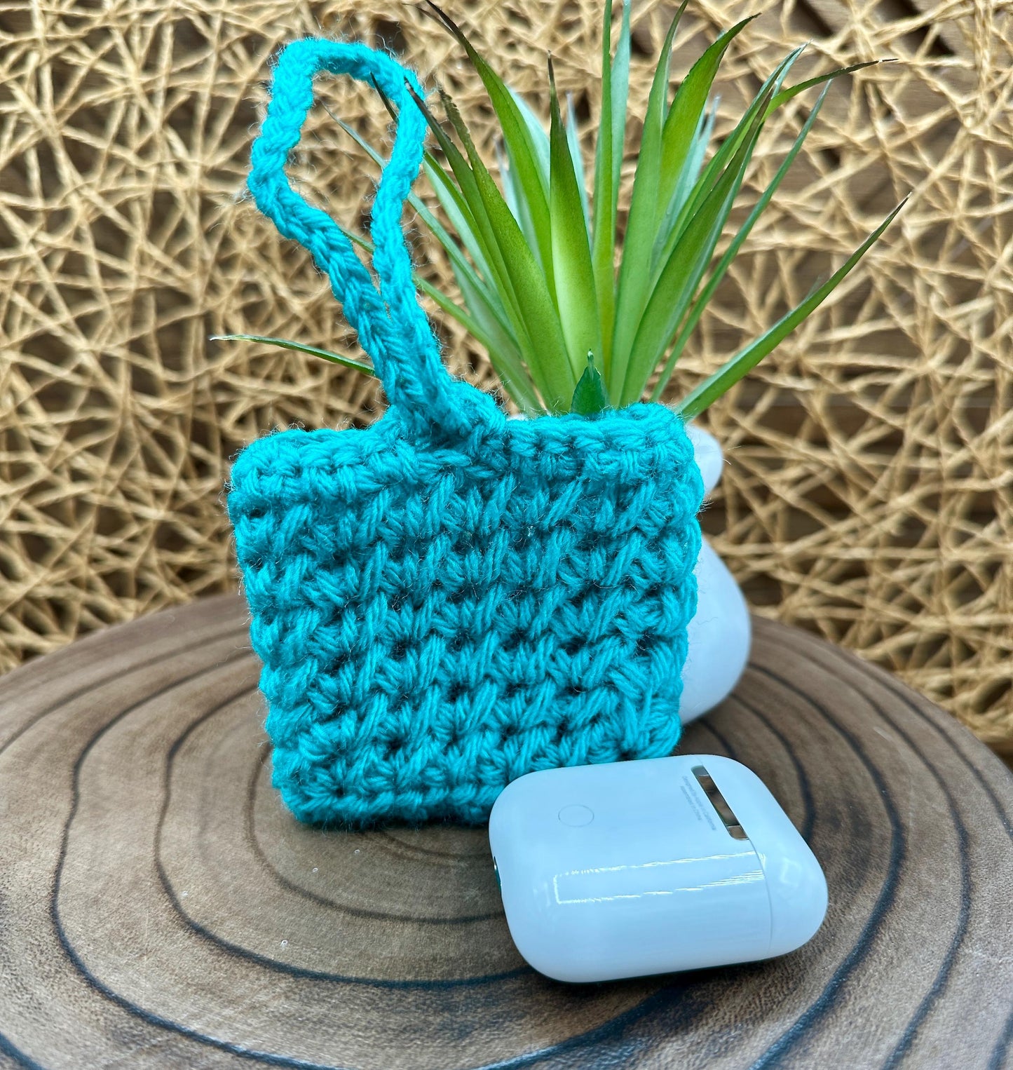 Blue Crocheted Wireless earbud case, compatible with AirPods, measures 3 T 3 H .25 D, Pretty Crochet Stitch Design